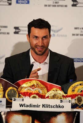 LONDON, ENGLAND - MAY 10:  Wladimir Klitschko talks to the press during the David Haye v Wladimir Klitschko Press Conference at the Park Plaza Hotel on May 10, 2011 in London, England.  (Photo by Christopher Lee/Getty Images)