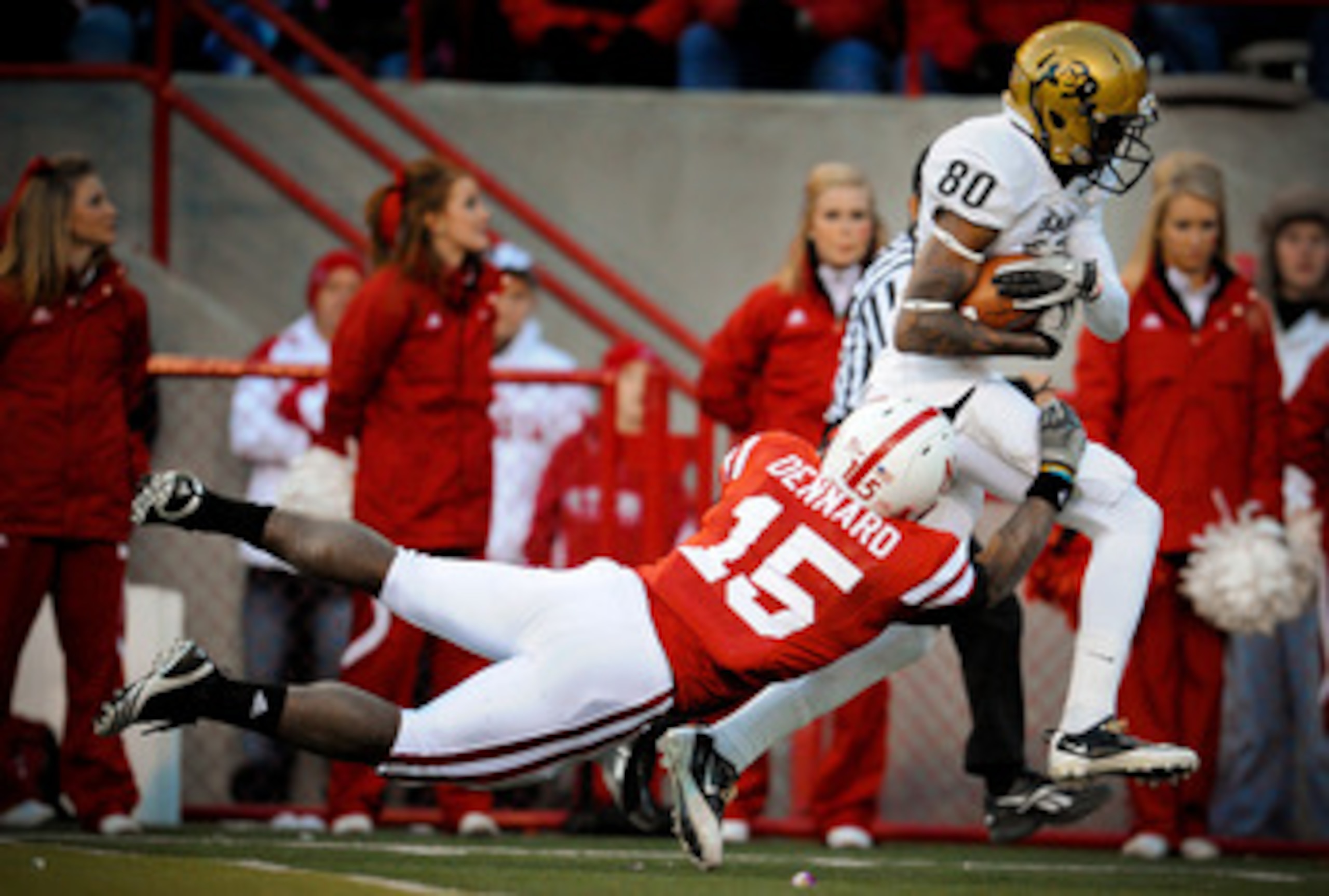 LINCOLN, NE - NOVEMBER 26: Paul Richardson #80 of the Colorado Buffaloes beats Alfonzo Dennard #15 of the Nebraska Cornhuskers for a touchdown during the second half of their game at Memorial Stadium on November 26, 2010 in Lincoln, Nebraska. Nebraska def LINCOLN, NE - NOVEMBER 26: Paul Richardson #80 of the Colorado Buffaloes beats Alfonzo Dennard #15 of the Nebraska Cornhuskers for a touchdown during the second half of their game at Memorial Stadium on November 26, 2010 in Lincoln, Nebraska. Nebraska def