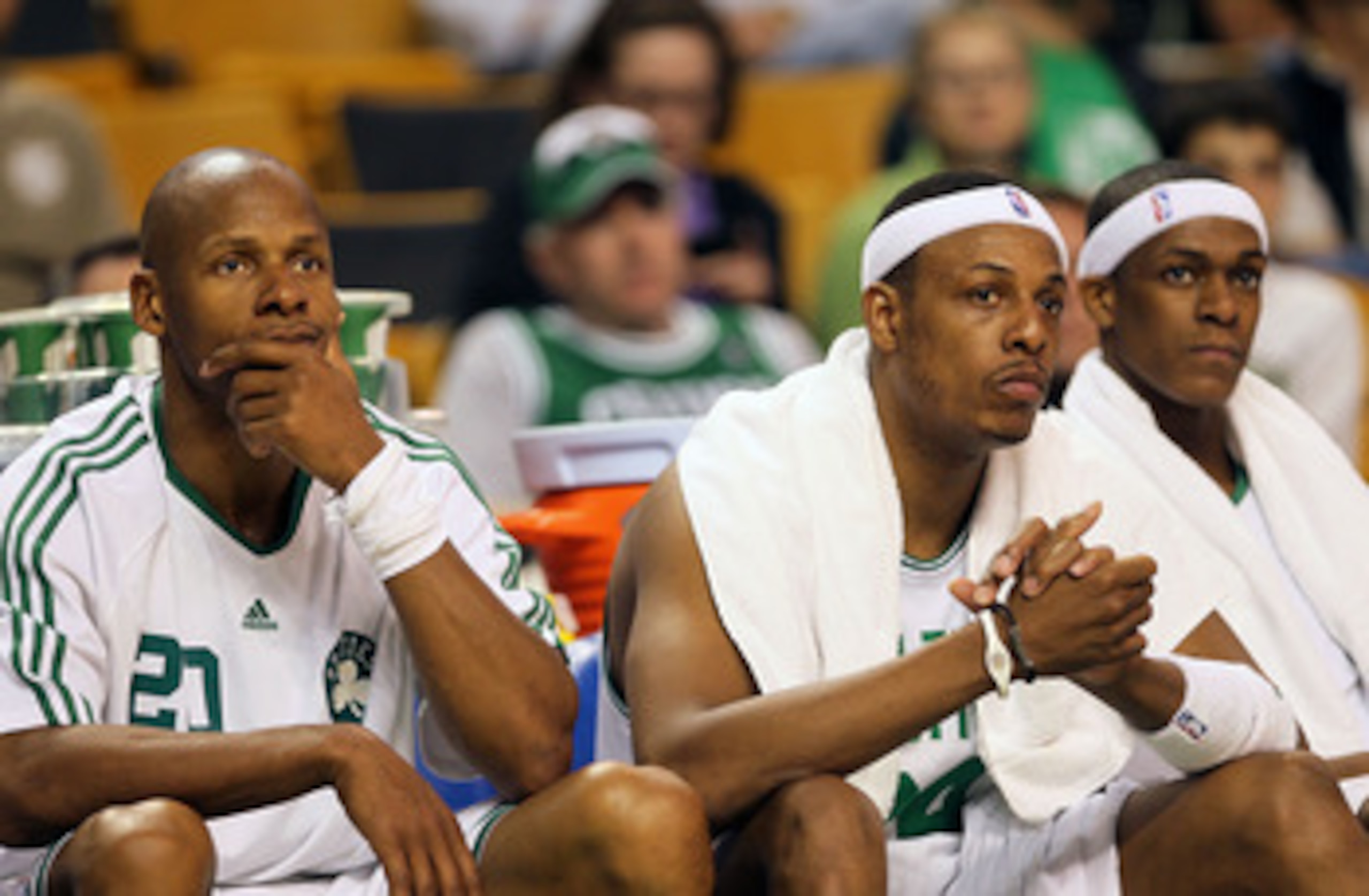 BOSTON - MAY 07:  Ray Allen #20; Paul Pierce #34, Rajon Rondo #9 and Kevin Garnett #5 of the Boston Celtics watch the closing moments of a loss to the Cleveland Cavaliers in Game Three of the Eastern Conference Semifinals during the 2010 NBA Playoffs at T