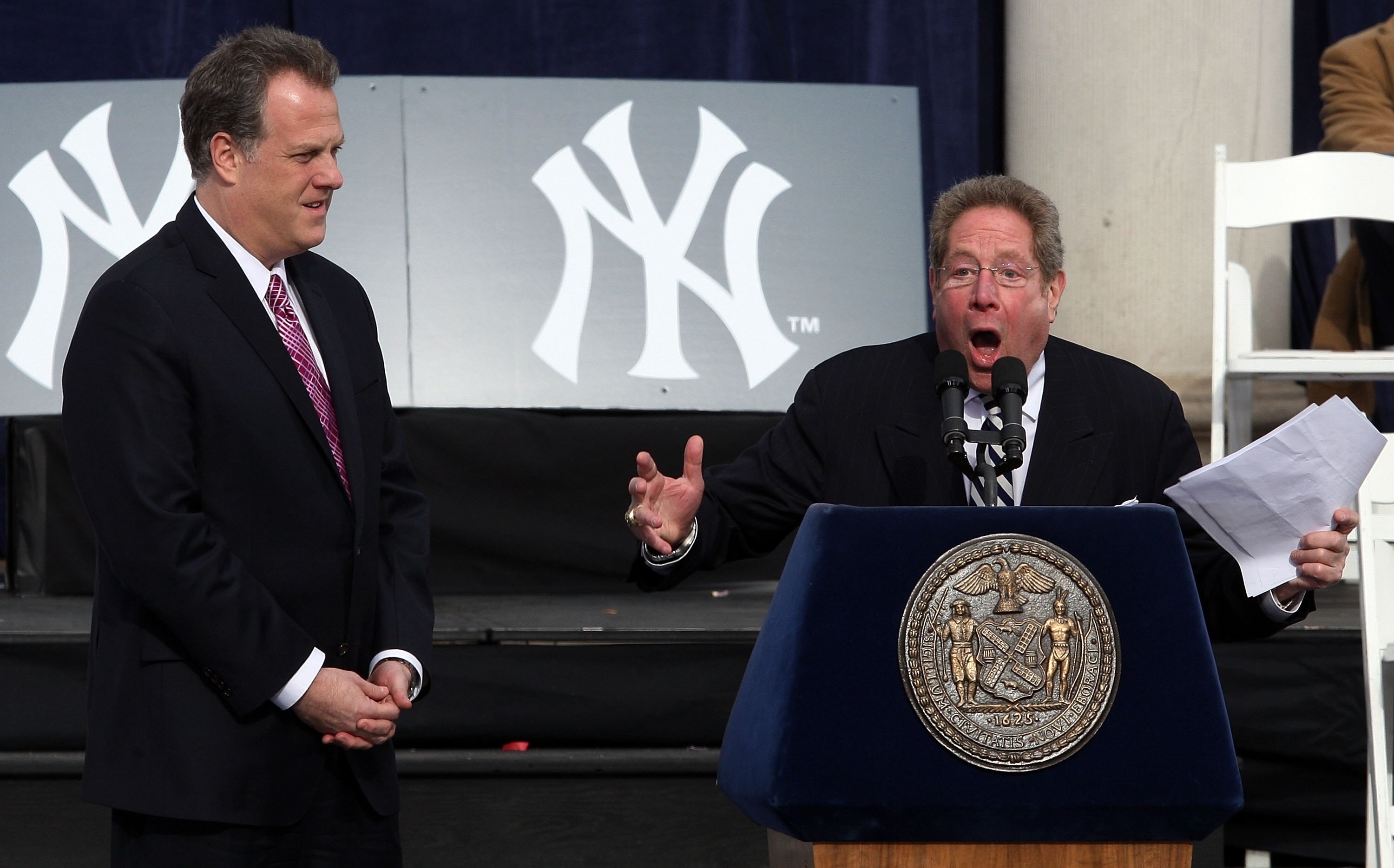 NEW YORK - NOVEMBER 06: New York Yankees broadcasters Michael Kay (L) and John Sterling speak during the New York Yankees World Series Victory Celebration at City Hall on November 6, 2009 in New York, New York.  (Photo by Jim McIsaac/Getty Images)