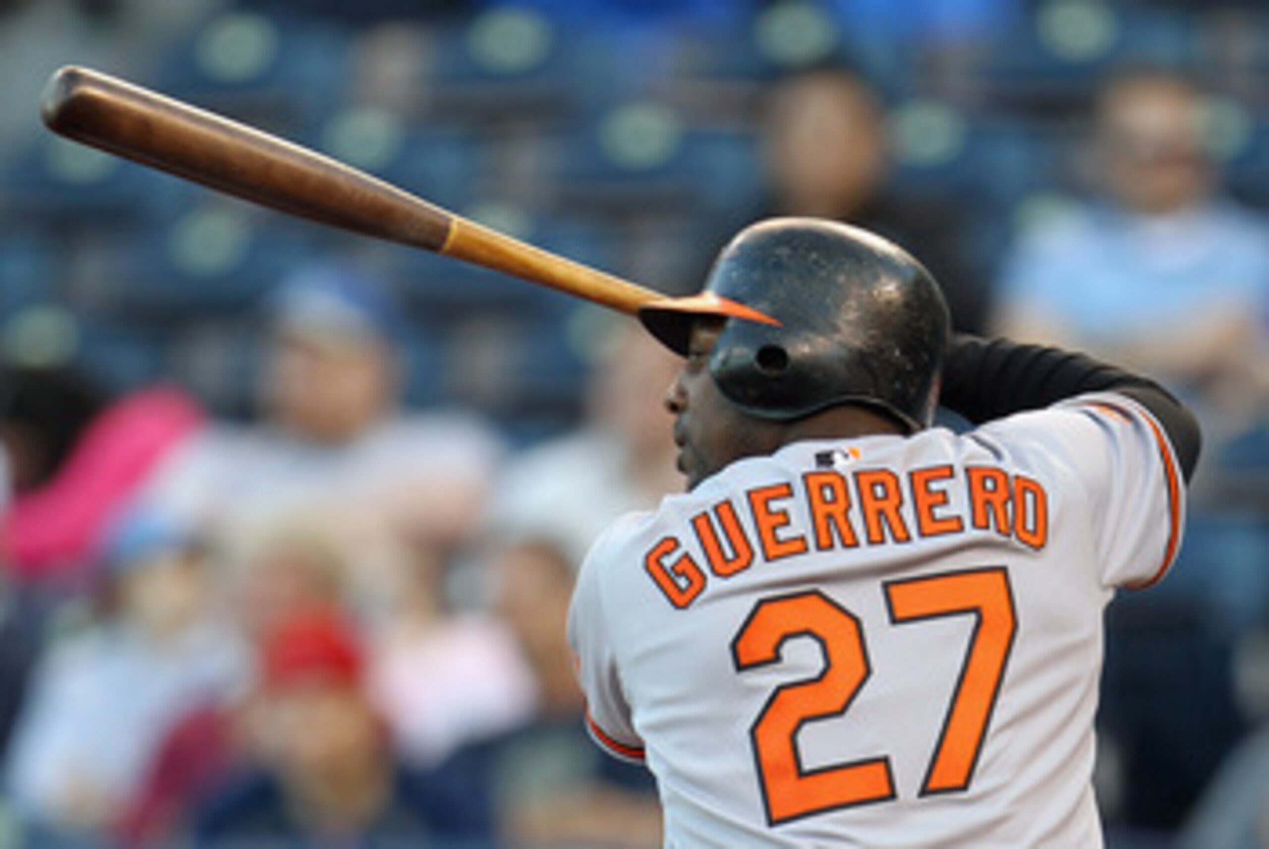 KANSAS CITY, MO - MAY 03:  Vladimir Guerrero #27 of the Baltimore Orioles bats during the game against the Kansas City Royals on May 3, 2011 at Kauffman Stadium in Kansas City, Missouri.  (Photo by Jamie Squire/Getty Images)