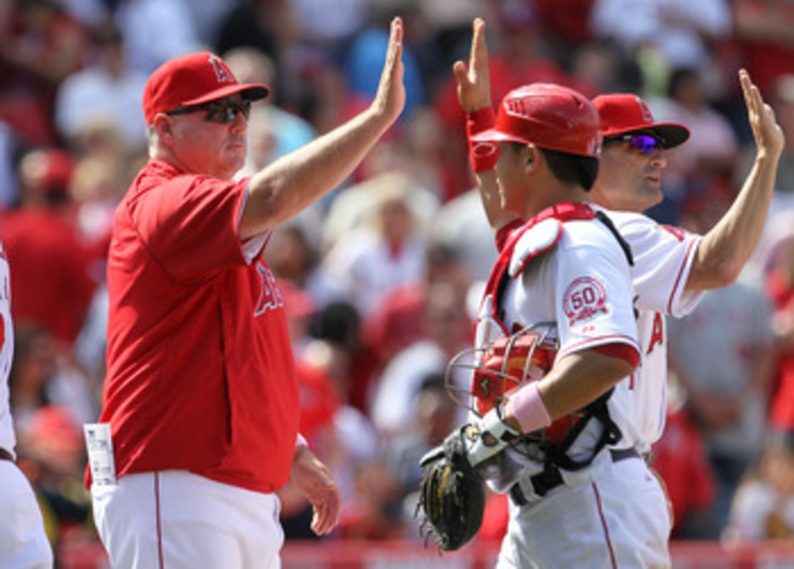 ANAHEIM, CA - MAY 8:  Manager Mike Scioscia of the Los Angeles Angels of Anaheim celebrates with catcher Hank Conger #16 after their win against the Cleveland Indians on May 8, 2011 at Angel Stadium in Anaheim, California.  The win was Scoiscia's 1,000th