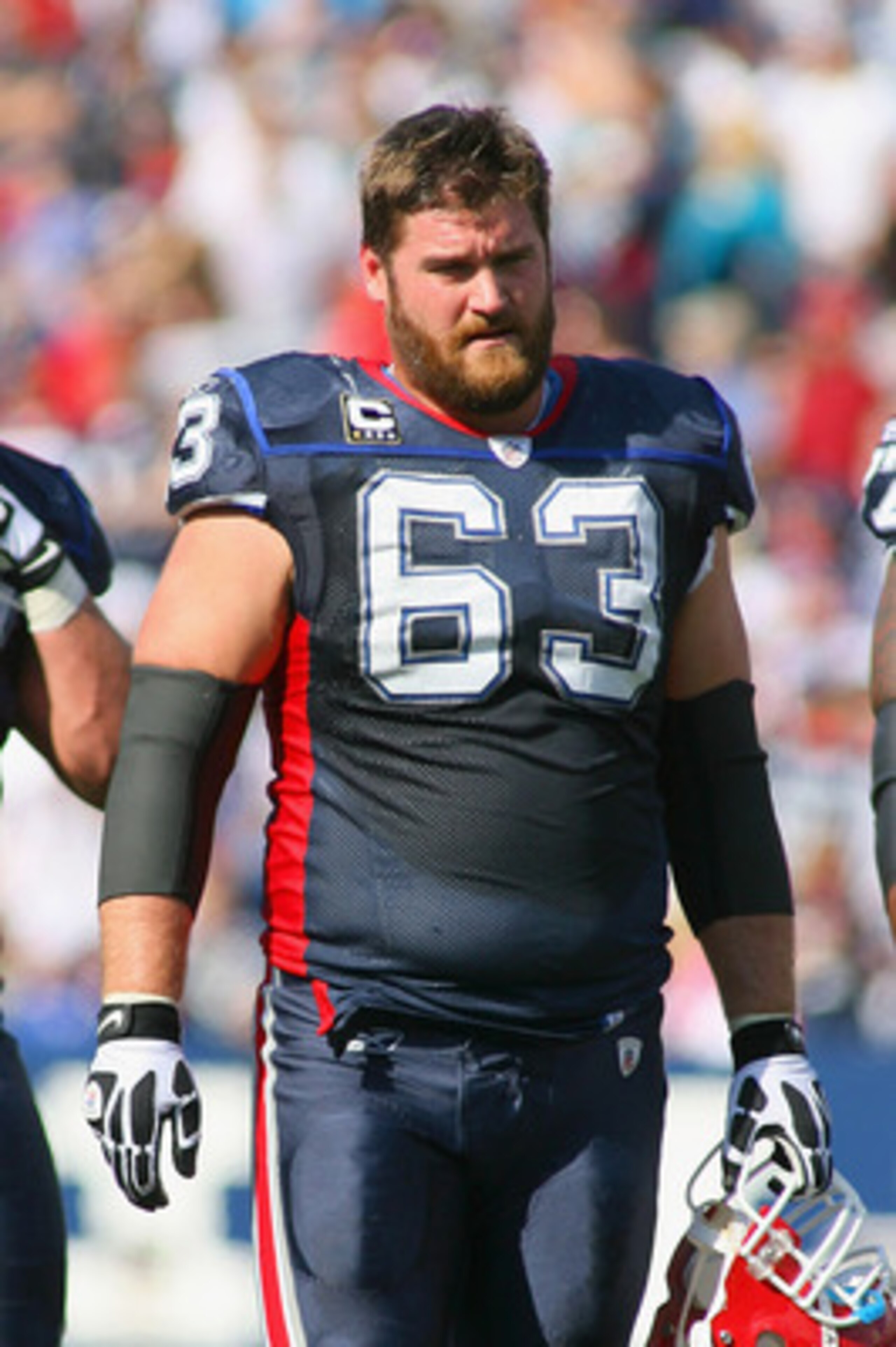 ORCHARD PARK, NY - OCTOBER 10: Geoff Hangartner #63 of the Buffalo Bills stands on the field during a time out against the Jacksonville Jaguars at Ralph Wilson Stadium on October 10, 2010 in Orchard Park, New York. Jacksonville won 36-26. (Photo by Rick S