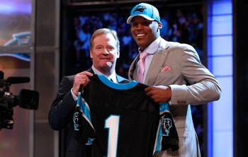 NEW YORK, NY - APRIL 28:  NFL COmmissioner Roger Goodell poses for a photo with Carolina Panthers #1 overall pick Cam Newton from the UNiversity of Auburn during the 2011 NFL Draft at Radio City Music Hall on April 28, 2011 in New York City.  (Photo by Ch