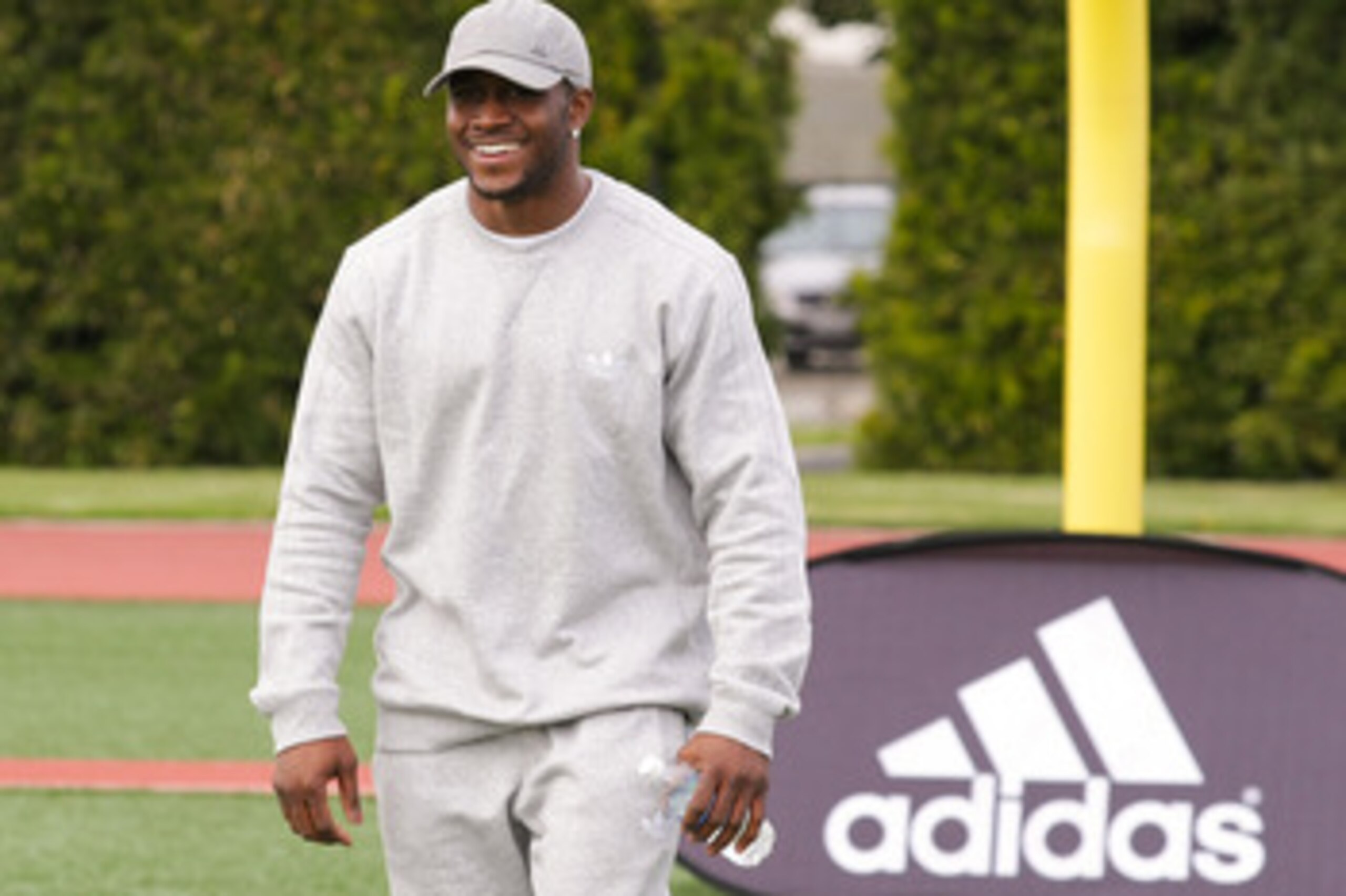 LOS ANGELES, CA - MARCH 19:  adidas and Reggie Bush pop into a football practice in Los Angeles to capture game faces as part of the adidas Facebook Game Face contest.  (Photo by Noel Vasquez/Getty Images for adidas)