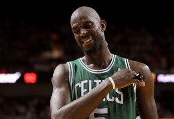 MIAMI, FL - MAY 03: Kevin Garnett #5 of the Boston Celtics reacts to a foul during Game Two of the Eastern Conference Semifinals of the 2011 NBA Playoffs against the Miami Heat at American Airlines Arena on May 3, 2011 in Miami, Florida. NOTE TO USER: Us MIAMI, FL - MAY 03: Kevin Garnett #5 of the Boston Celtics reacts to a foul during Game Two of the Eastern Conference Semifinals of the 2011 NBA Playoffs against the Miami Heat at American Airlines Arena on May 3, 2011 in Miami, Florida. NOTE TO USER: Us