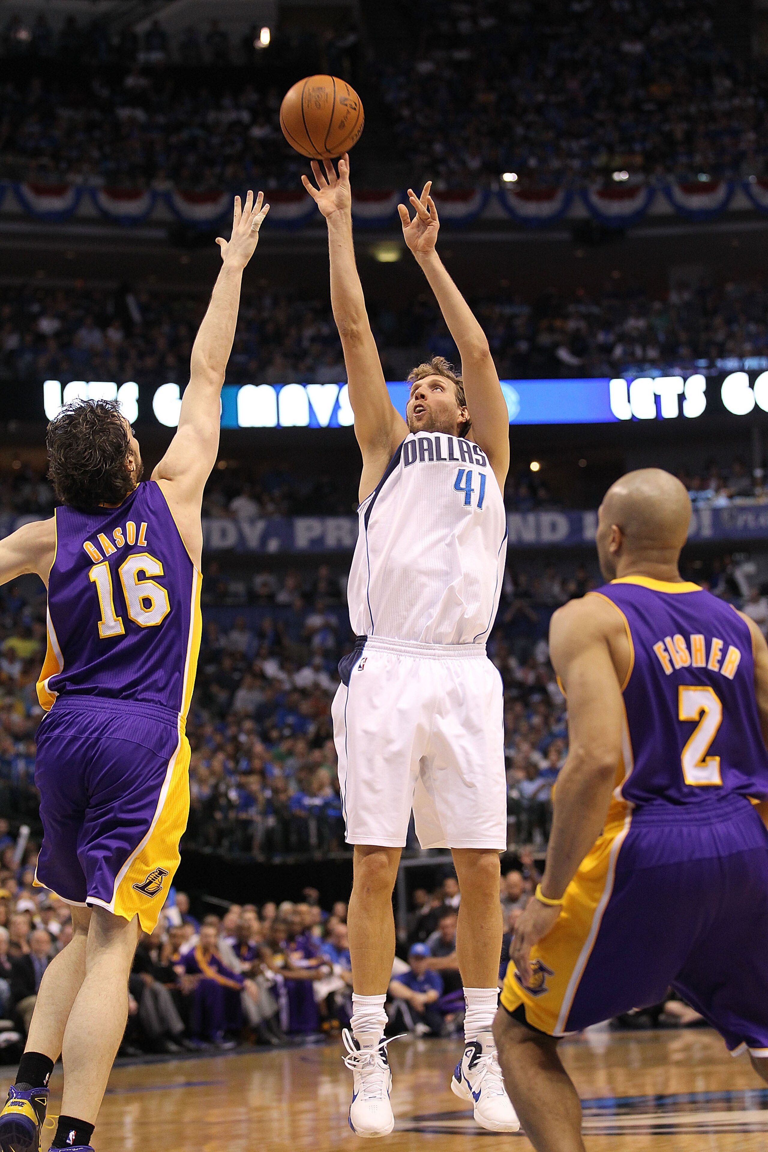 DALLAS, TX - MAY 08:  Forward Dirk Nowitzki #41 of the Dallas Mavericks takes a shot against Pau Gasol #16 of the Los Angeles Lakers in Game Four of the Western Conference Semifinals during the 2011 NBA Playoffs on May 8, 2011 at American Airlines Center 