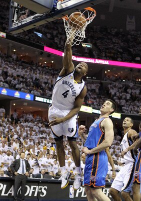 MEMPHIS, TN - MAY 07:  Sam Young #4 of the  Memphis Grizzlies shoots the ball while defended by  Nick Collison#4 of the Oklahoma City Thunder in Game Three of the Western Conference Semifinals in the 2011 NBA Playoffs at FedExForum on May 7, 2011 in Memph