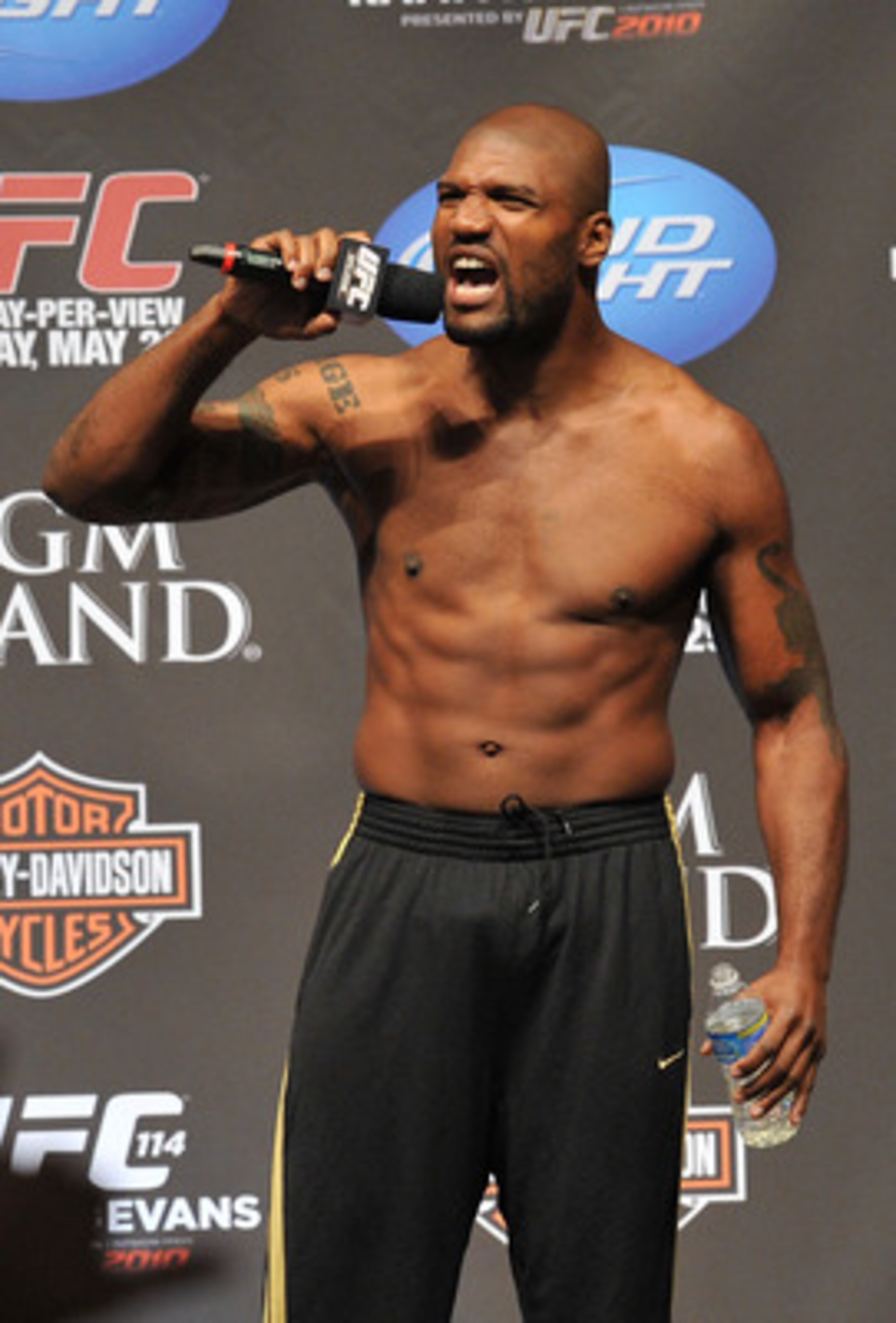 LAS VEGAS - MAY 28:  UFC fighter Quinton 'Rampage' Jackson speaks to the crowd about his fight against UFC fighter Rashad Evans at UFC 114: Rampage versus Rashad at the Mandalay Bay Hotel on May 28, 2010 in Las Vegas, Nevada.  (Photo by Jon Kopaloff/Getty