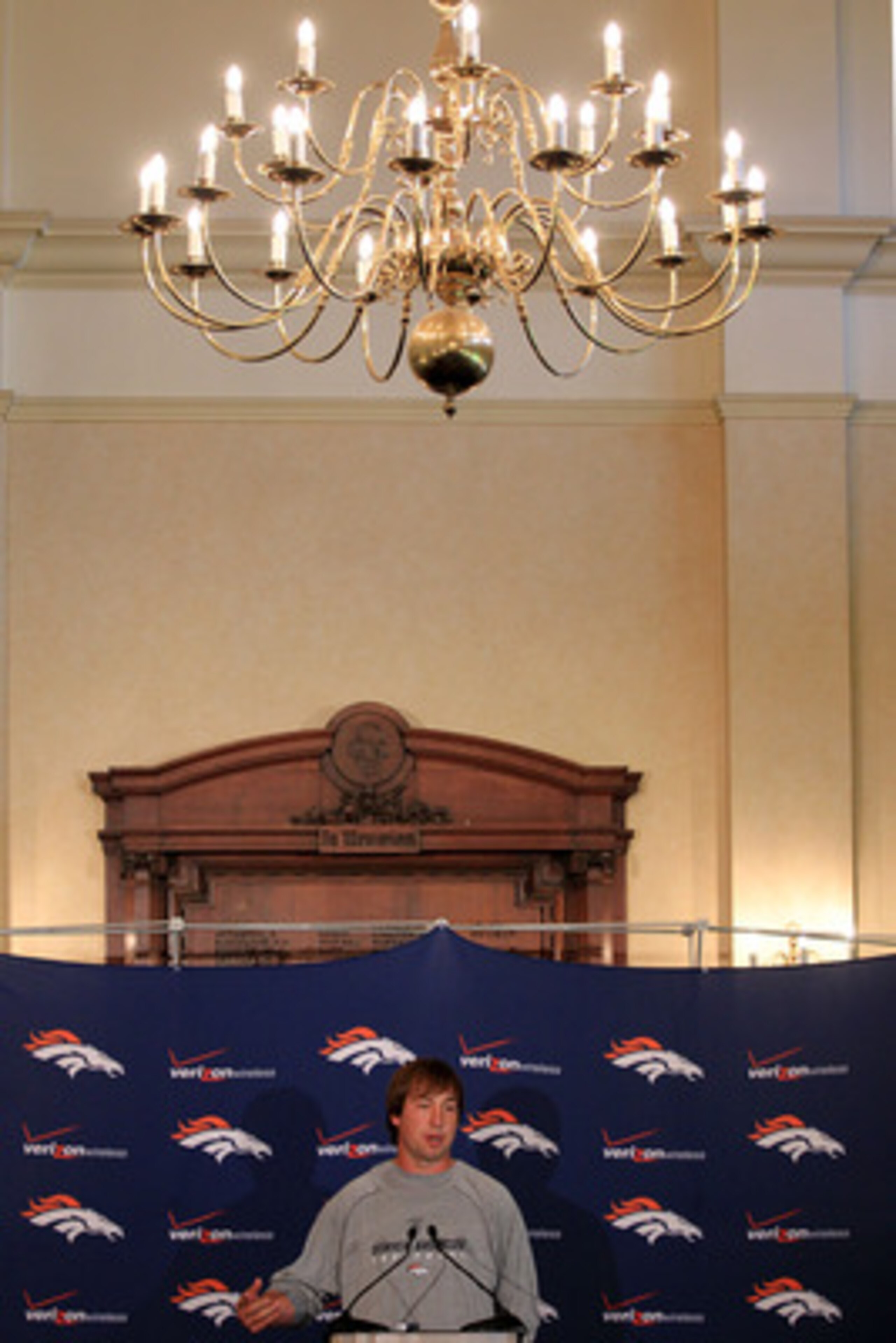 LONDON, ENGLAND - OCTOBER 29:  Quarterback Kyle Orton #8 of the Denver Broncos speaks to the media during a press conference prior to the start of a team training session at The Brit Oval on October 29, 2010 in London, England. The Denver Broncos will pla