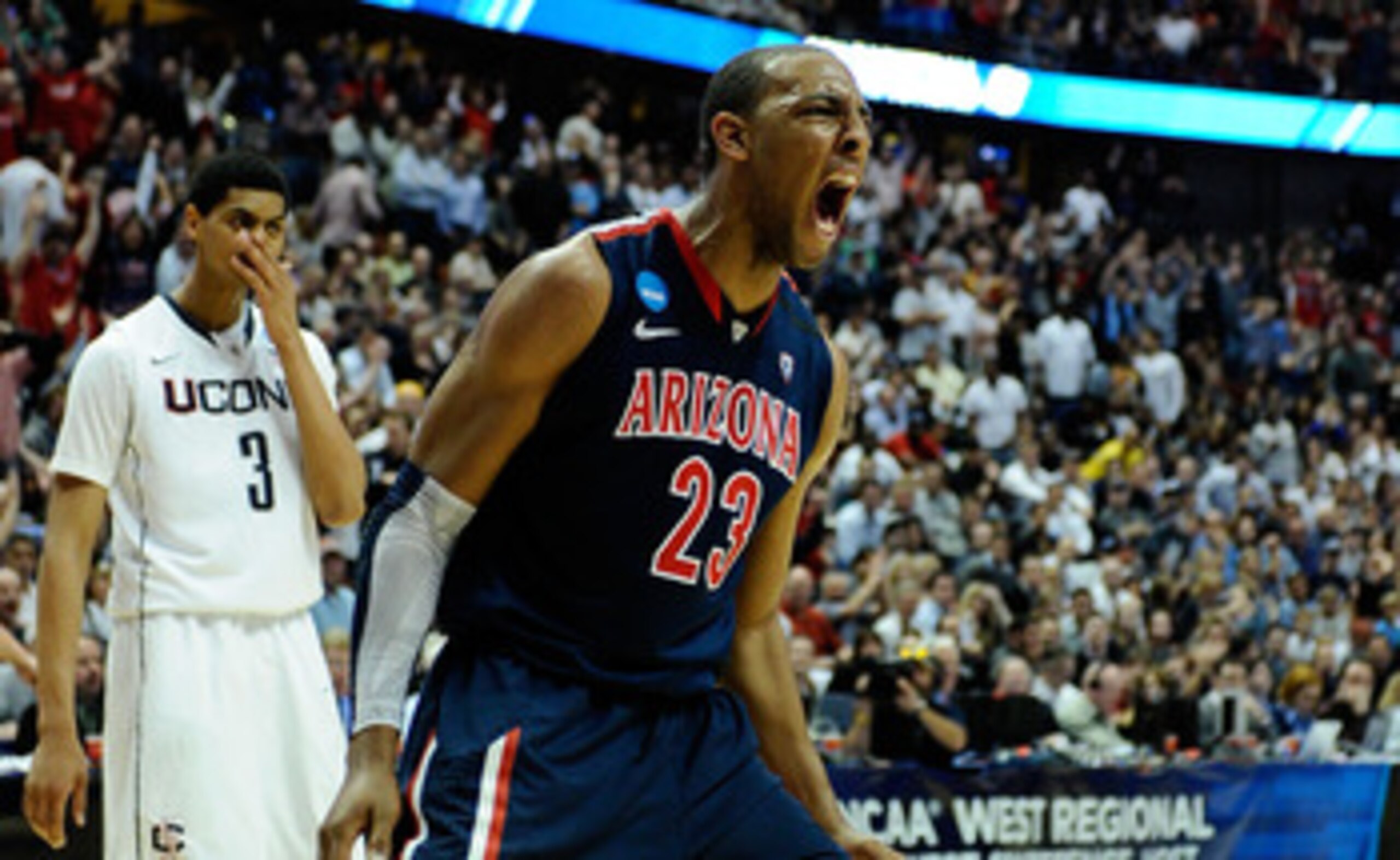 ANAHEIM, CA - MARCH 26:  Derrick Williams #23 of the Arizona Wildcats reacts after a dunk against of the Connecticut Huskies during the west regional final of the 2011 NCAA men's basketball tournament at the Honda Center on March 26, 2011 in Anaheim, Cali