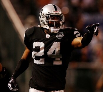 OAKLAND, CA - AUGUST 13:  Safety Michael Huff #24 of the Oakland Raiders celebrates after making an interception against the Dallas Cowboys during the preseason game at Oakland-Alameda County Coliseum on August 13, 2009 in Oakland, California. (Photo by J