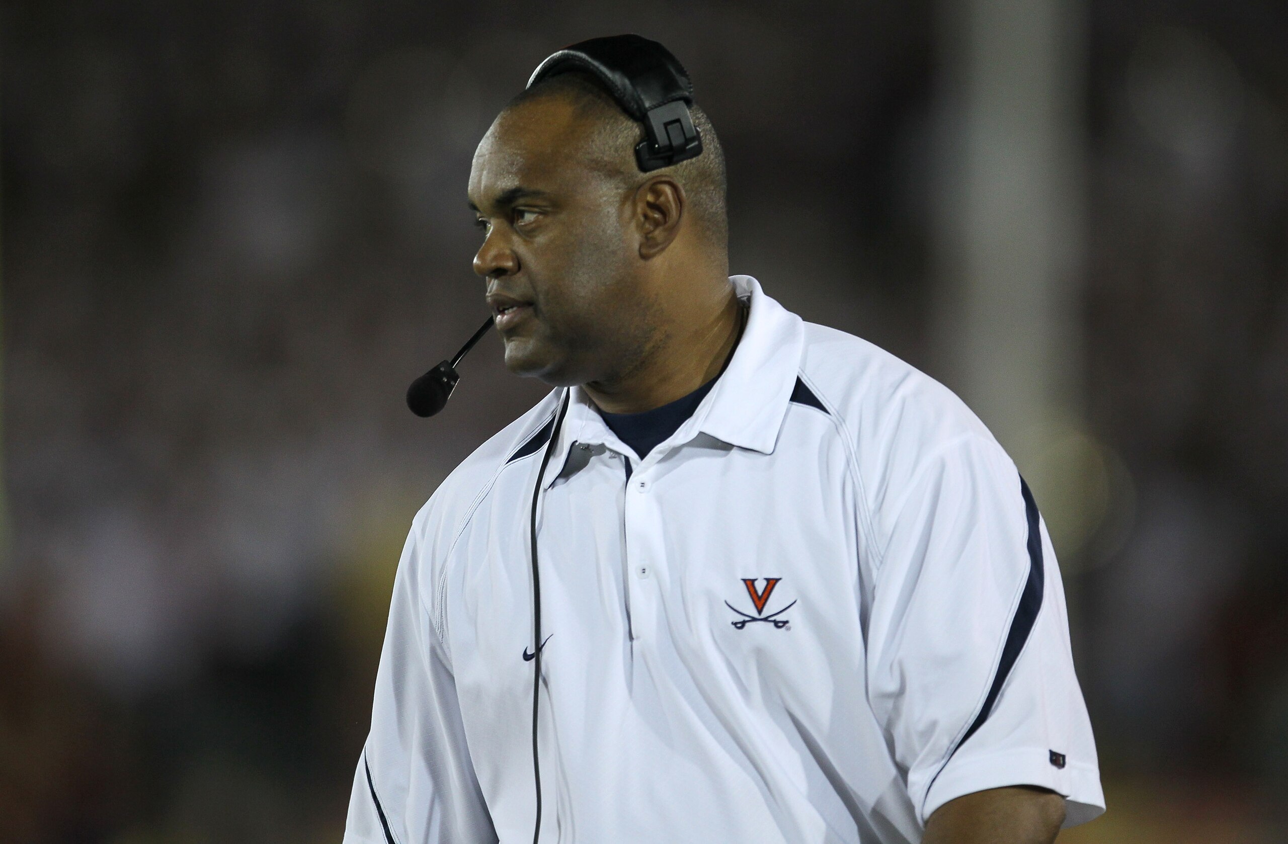 LOS ANGELES, CA - SEPTEMBER 11:  Head coach Mike London of the Virginia Cavaliers on the sidelines during the game against the USC Trojans at Los Angeles Memorial Coliseum on September 11, 2010 in Los Angeles, California. USC won 17-14.  (Photo by Stephen