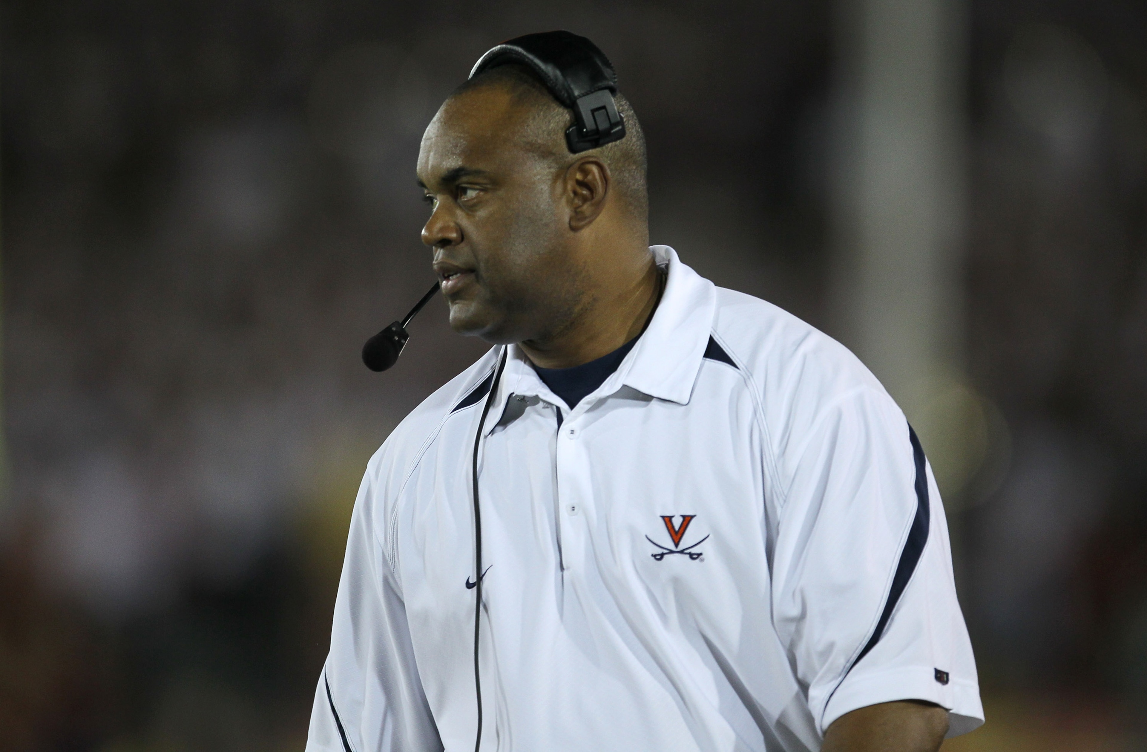 LOS ANGELES, CA - SEPTEMBER 11:  Head coach Mike London of the Virginia Cavaliers on the sidelines during the game against the USC Trojans at Los Angeles Memorial Coliseum on September 11, 2010 in Los Angeles, California. USC won 17-14.  (Photo by Stephen