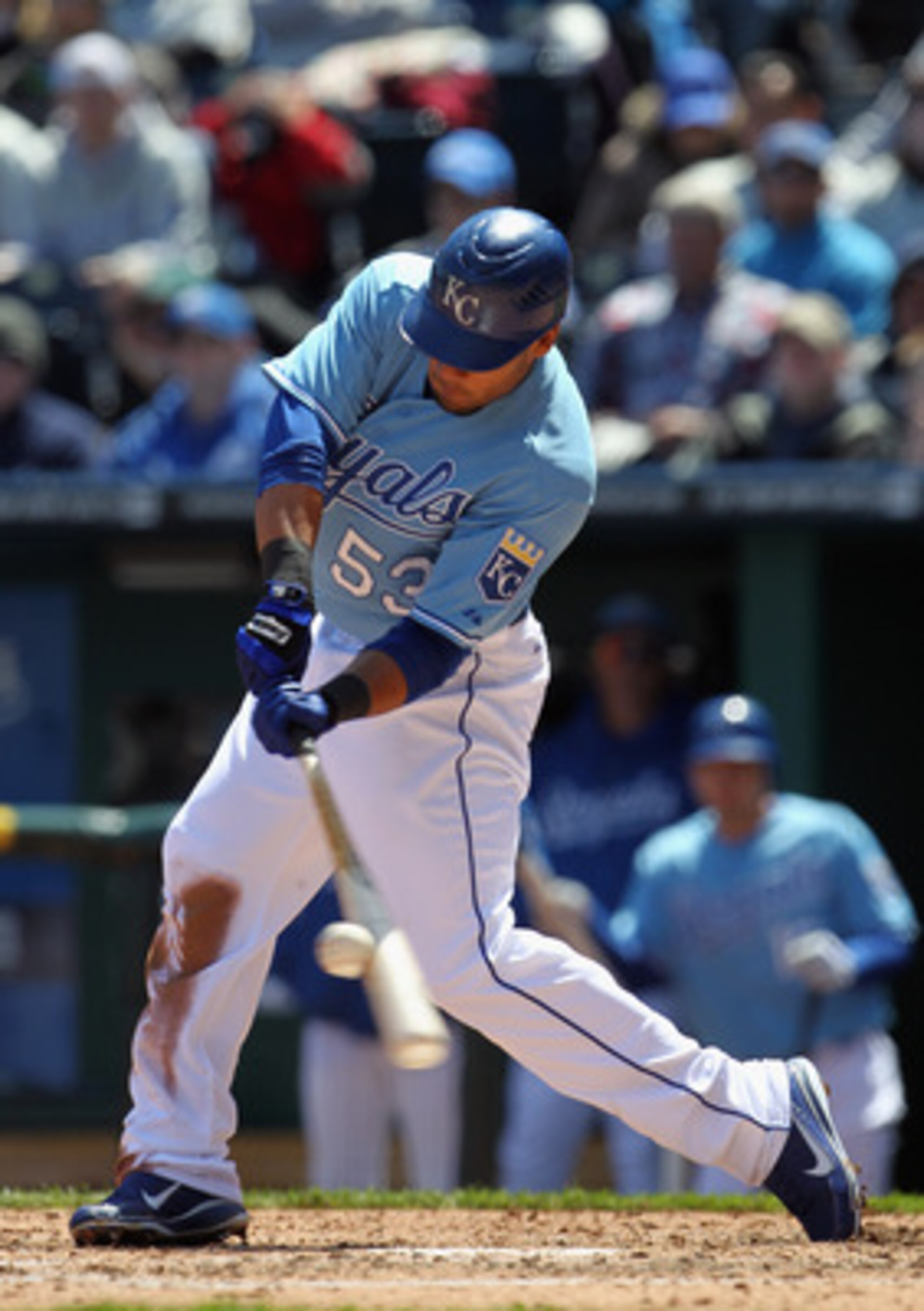 KANSAS CITY, MO - APRIL 16:  Melky Cabrera #53 of the Kansas City Royals connects during the game against the Seattle Mariners on April 16, 2011 at Kauffman Stadium in Kansas City, Missouri.  (Photo by Jamie Squire/Getty Images)