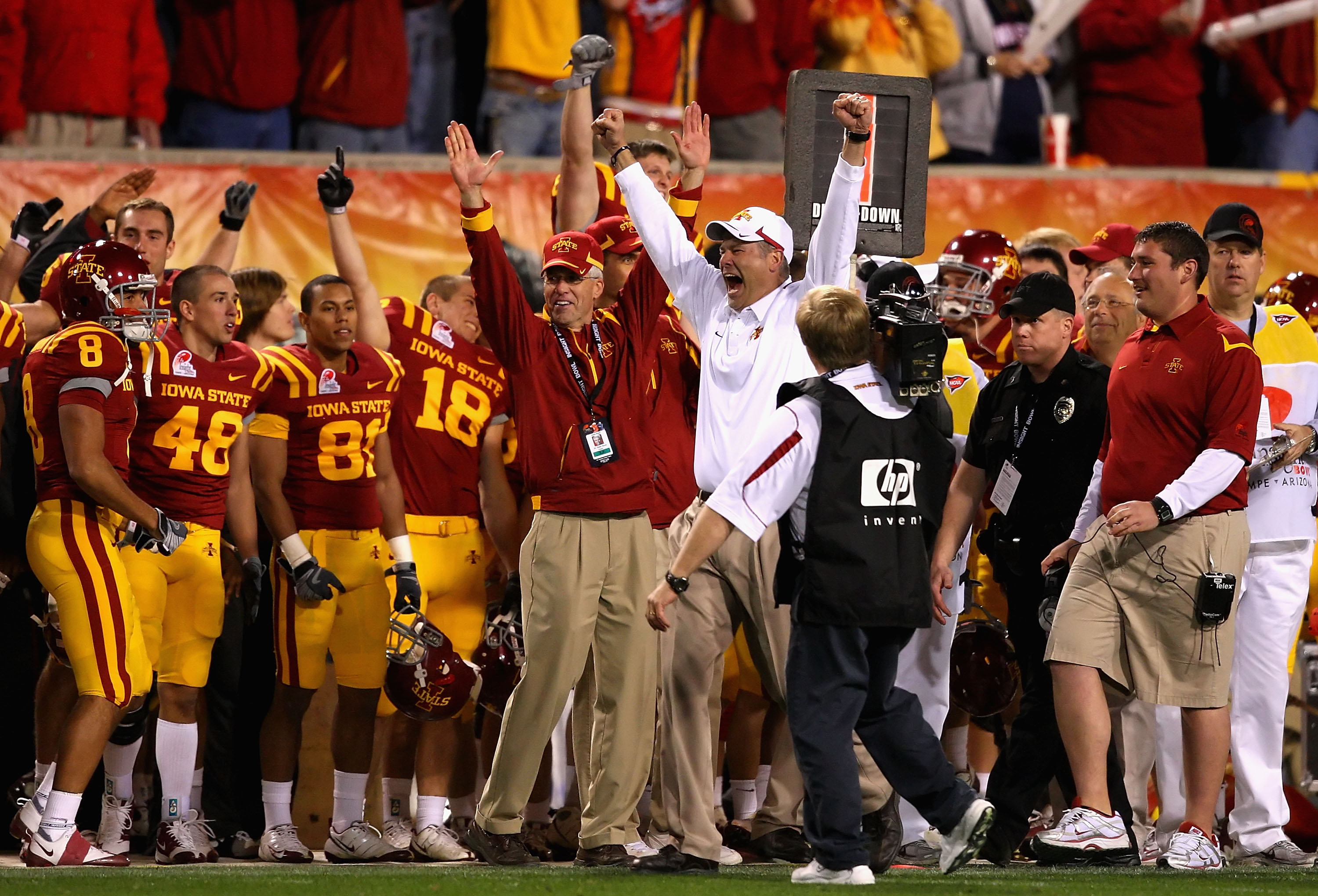 TEMPE, AZ - DECEMBER 31:  Head coach Paul Rhoads of the Iowa State Cyclones celebrates with teammates after defeating the Minnesota Golden Gophers in the Insight Bowl at Arizona Stadium on December 31, 2009 in Tempe, Arizona.  The Cyclones defeated the Go