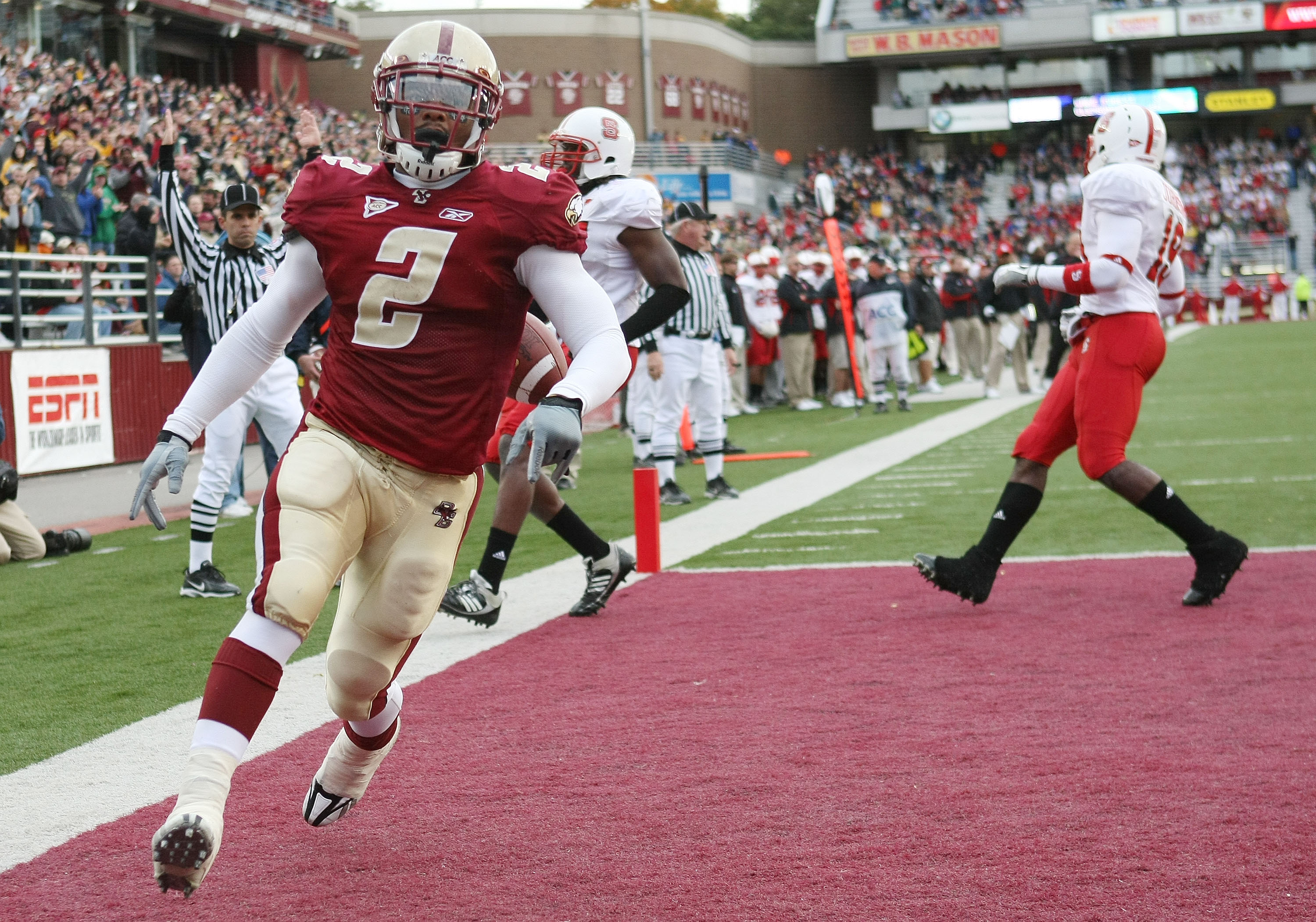 CHESTNUT HILL, MA - OCTOBER 17:  Montel Harris #2 of the Boston College Eagles celebrates his touchdown against the  of the North Carolina State Wolfpack on October 17, 2009 at Alumni Stadium in Chestnut Hill, Massachusetts.The Eagles defeated the Wolfpac