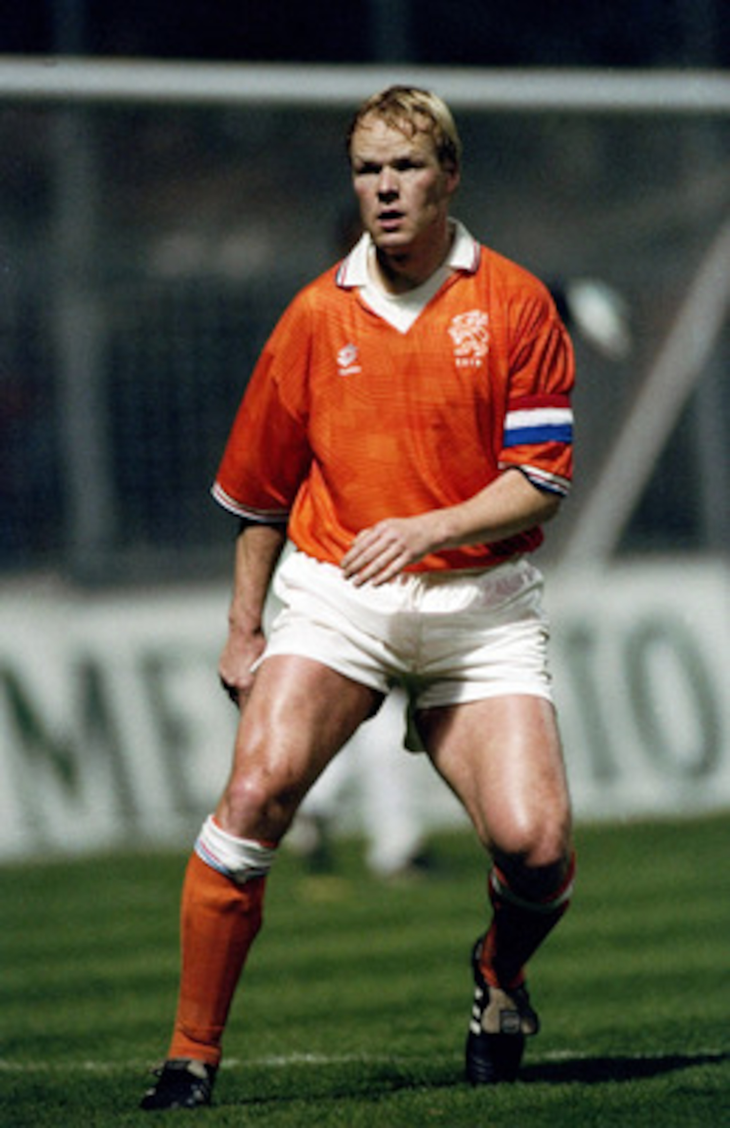 1992:  Ronald Koeman of Holland in action during the European Championships match against Denmark played in Sweden.  The match finished in a 2-2 draw. \ Mandatory Credit: Shaun Botterill /Allsport