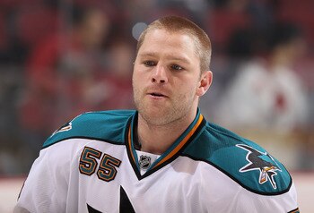 GLENDALE, AZ - MARCH 26:  Ben Eager #55 of the San Jose Sharks warms up before the NHL game against the Phoenix Coyotes at Jobing.com Arena on March 26, 2011 in Glendale, Arizona.  The Sharks defeated the Coyotes 4-1.  (Photo by Christian Petersen/Getty I