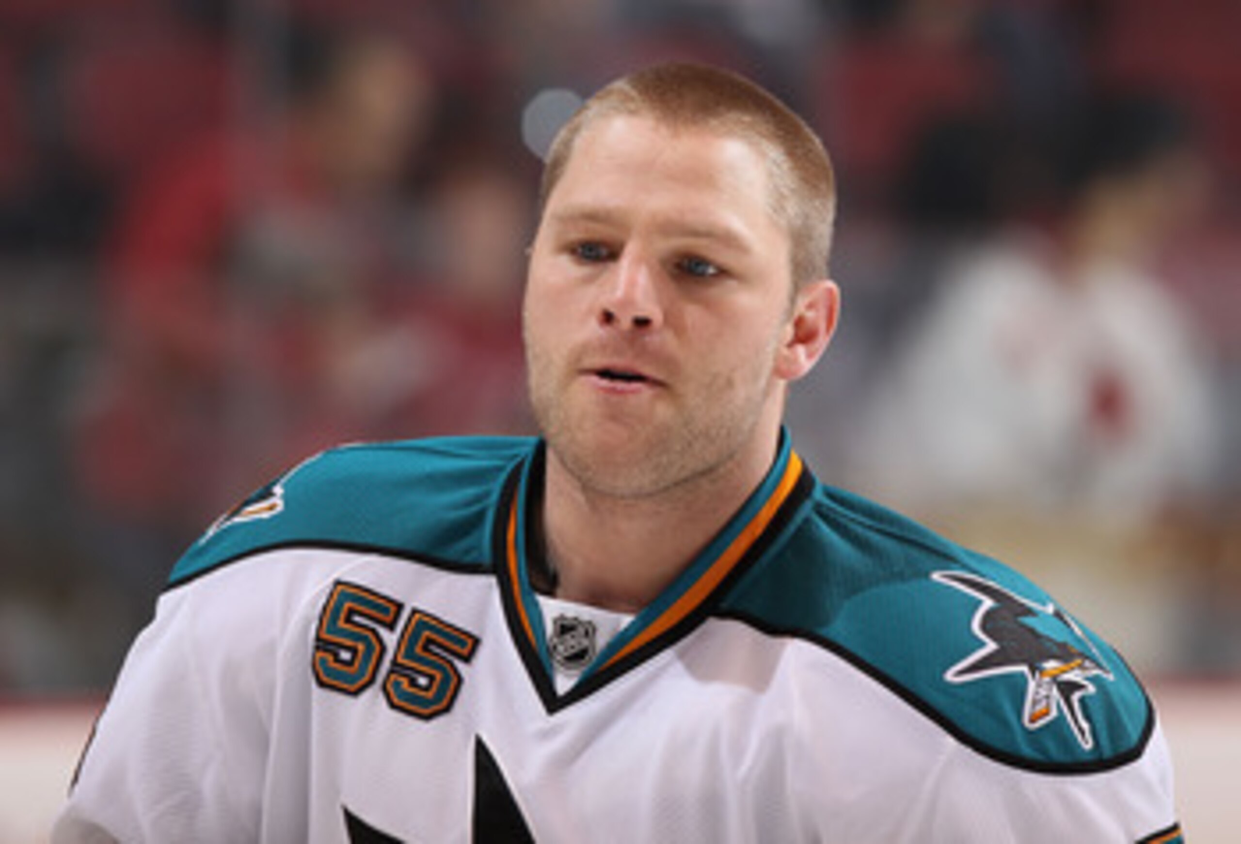 GLENDALE, AZ - MARCH 26:  Ben Eager #55 of the San Jose Sharks warms up before the NHL game against the Phoenix Coyotes at Jobing.com Arena on March 26, 2011 in Glendale, Arizona.  The Sharks defeated the Coyotes 4-1.  (Photo by Christian Petersen/Getty I