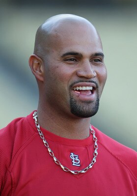 LOS ANGELES, CA - APRIL 16:  Albert Pujols #5 of the St Louis Cardinals looks on prior to the start of the game against the Los Angeles Dodgers at Dodger Stadium on April 16, 2011 in Los Angeles, California.  (Photo by Jeff Gross/Getty Images)