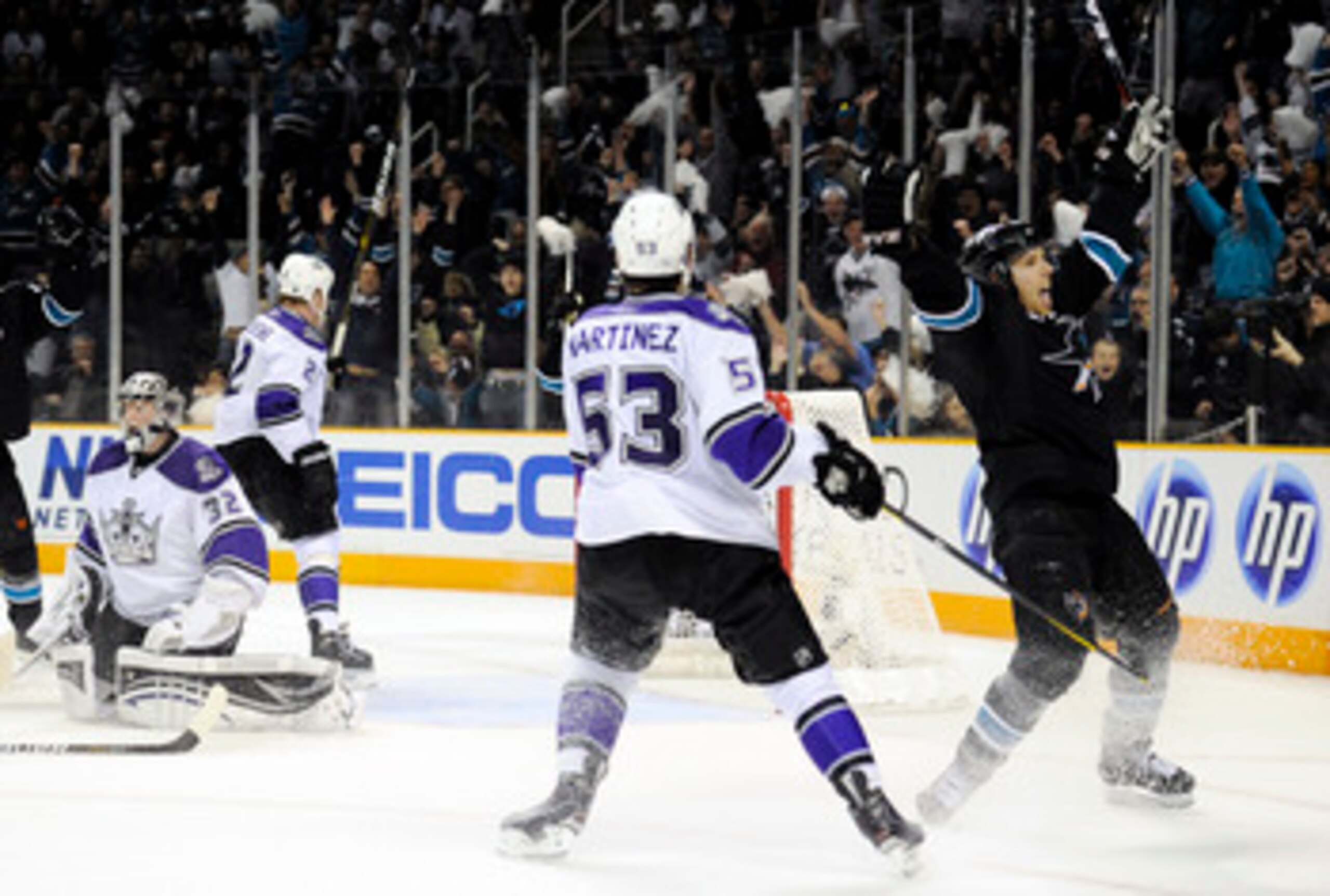 SAN JOSE, CA - APRIL 14: Joe Pavelski #8 of the San Jose Sharks celebrates after scoring the winning goal in overtime against the Los Angeles Kings in Game One of the Western Conference Quarterfinals  during the 2011 NHL Stanley Cup Playoffs at the HP Pav