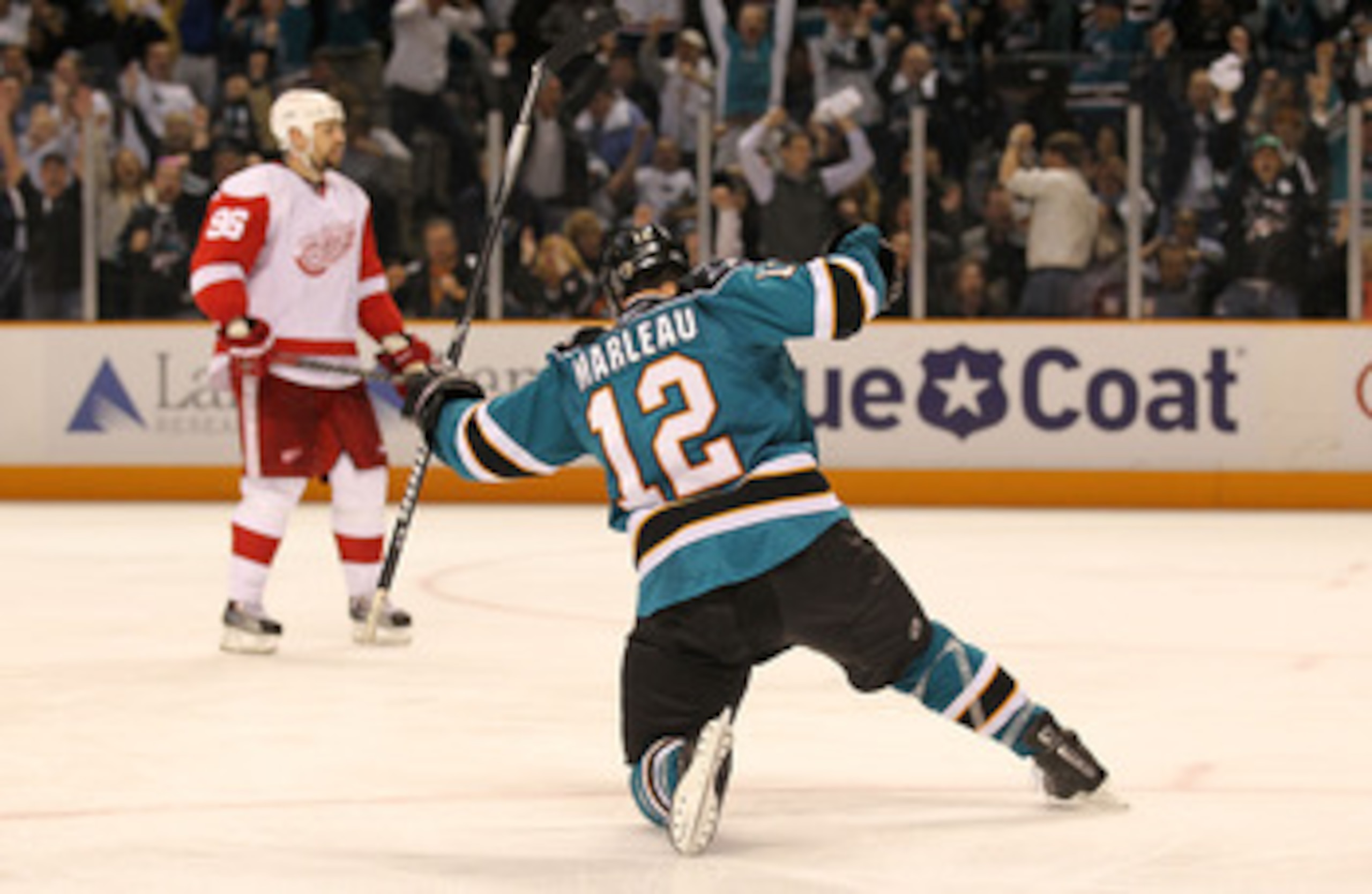 SAN JOSE, CA - MAY 8:  Patrick Marleau #12 of the San Jose Sharks celebrates after scoring the game winning goal against the Detroit Red Wings in Game Five of the Western Conference Semifinals during the 2010 NHL Stanley Cup Playoffs at HP Pavilion on May