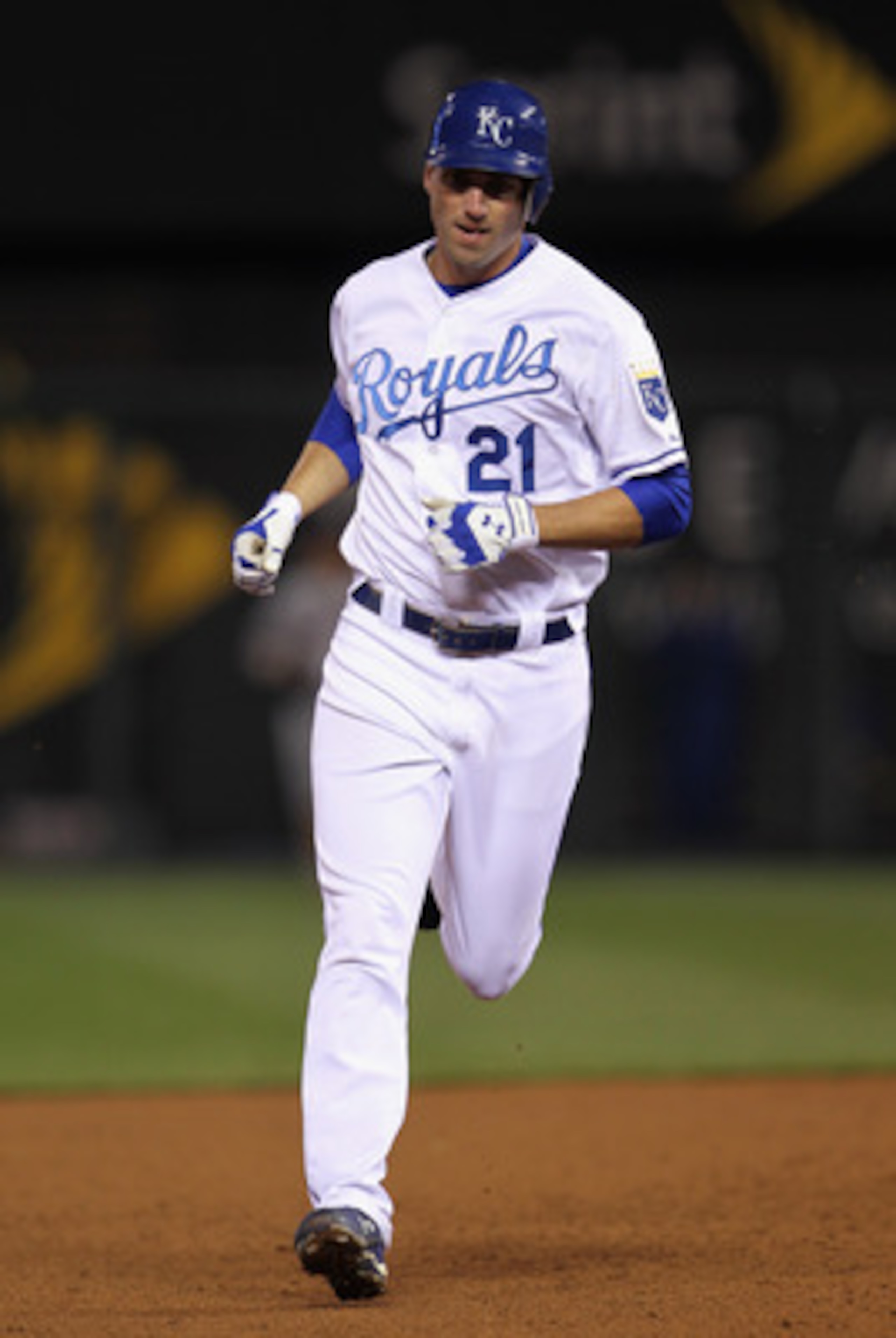 KANSAS CITY, MO - APRIL 20:  Jeff Francoeur #21 of the Kansas City Royals rounds the bases after hitting a home run during the game against the Cleveland Indians on April 20, 2011 at Kauffman Stadium in Kansas City, Missouri.  (Photo by Jamie Squire/Getty