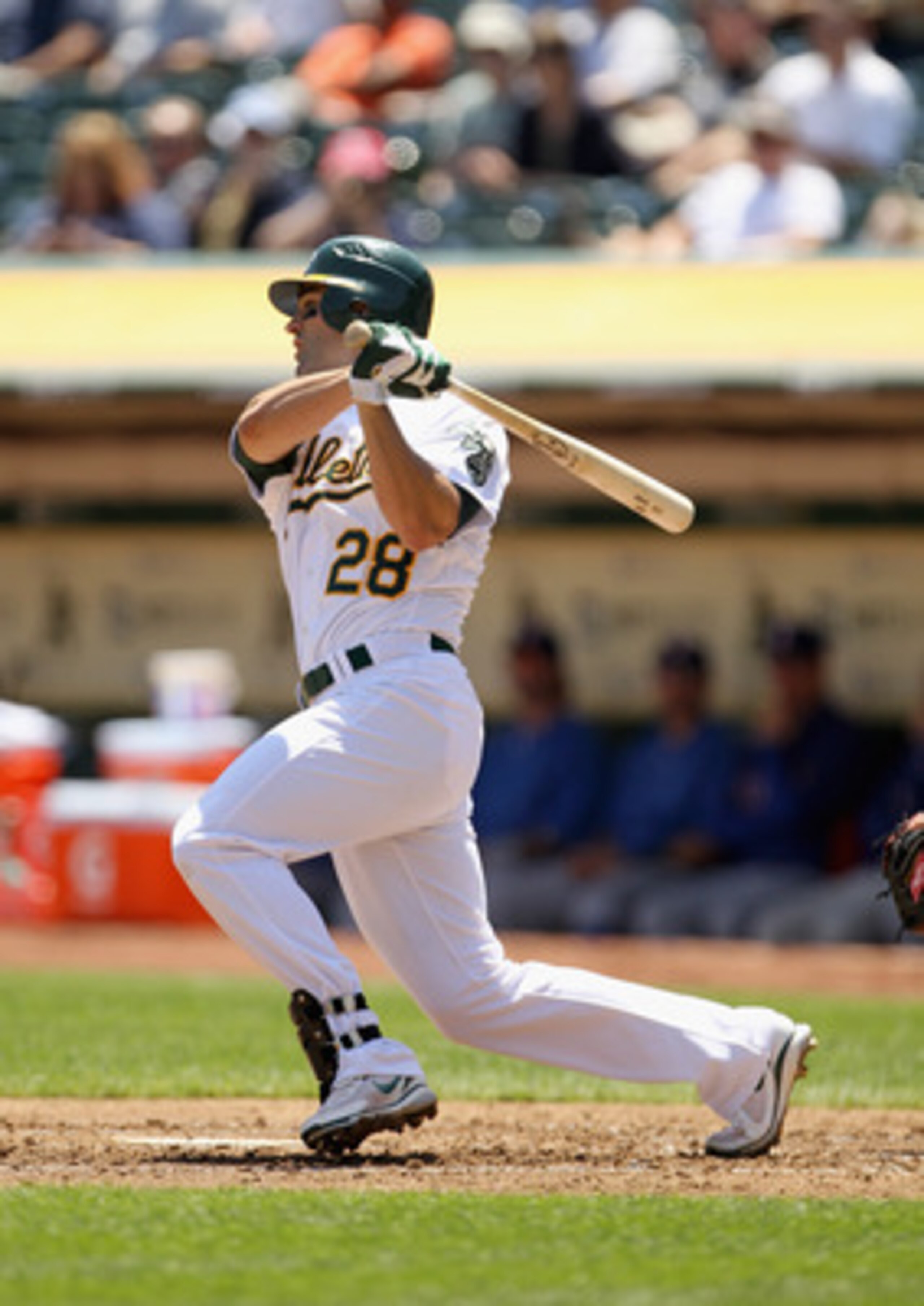 OAKLAND, CA - MAY 02:  Conor Jackson #28 of the Oakland Athletics in action against the Texas Rangers at Oakland-Alameda County Coliseum on May 2, 2011 in Oakland, California.  (Photo by Ezra Shaw/Getty Images)