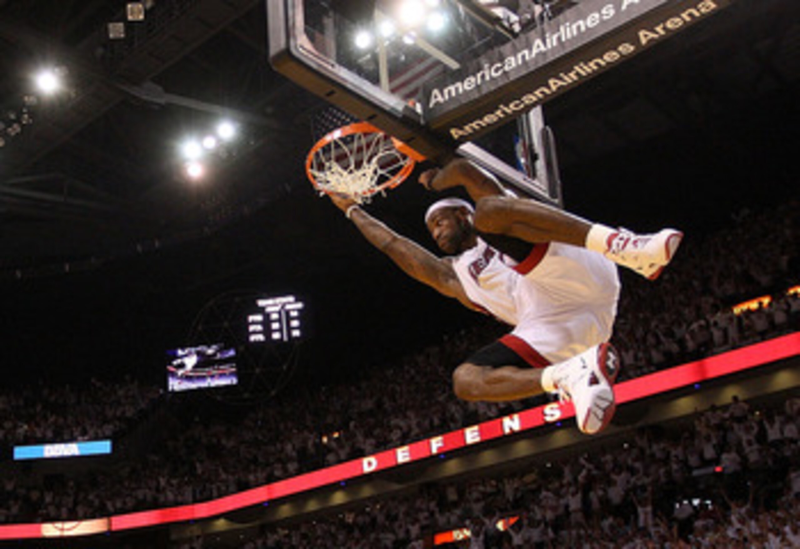 MIAMI, FL - MAY 11: LeBron James #6 of the Miami Heat makes a late 4th quarter dunk during Game Five of the Eastern Conference Semifinals of the 2011 NBA Playoffs against the Boston Celtics at American Airlines Arena on May 11, 2011 in Miami, Florida. NO MIAMI, FL - MAY 11: LeBron James #6 of the Miami Heat makes a late 4th quarter dunk during Game Five of the Eastern Conference Semifinals of the 2011 NBA Playoffs against the Boston Celtics at American Airlines Arena on May 11, 2011 in Miami, Florida. NO