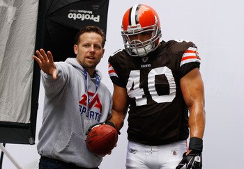 NEW YORK - APRIL 28:  Peyton Hillis #40 of the Cleveland Browns participates in a photo shoot for the cover of EA Sports Madden NFL 12 on April 28, 2011 in Time Square, New York City  (Photo by Mike Stobe/Getty Images for EA Sports)