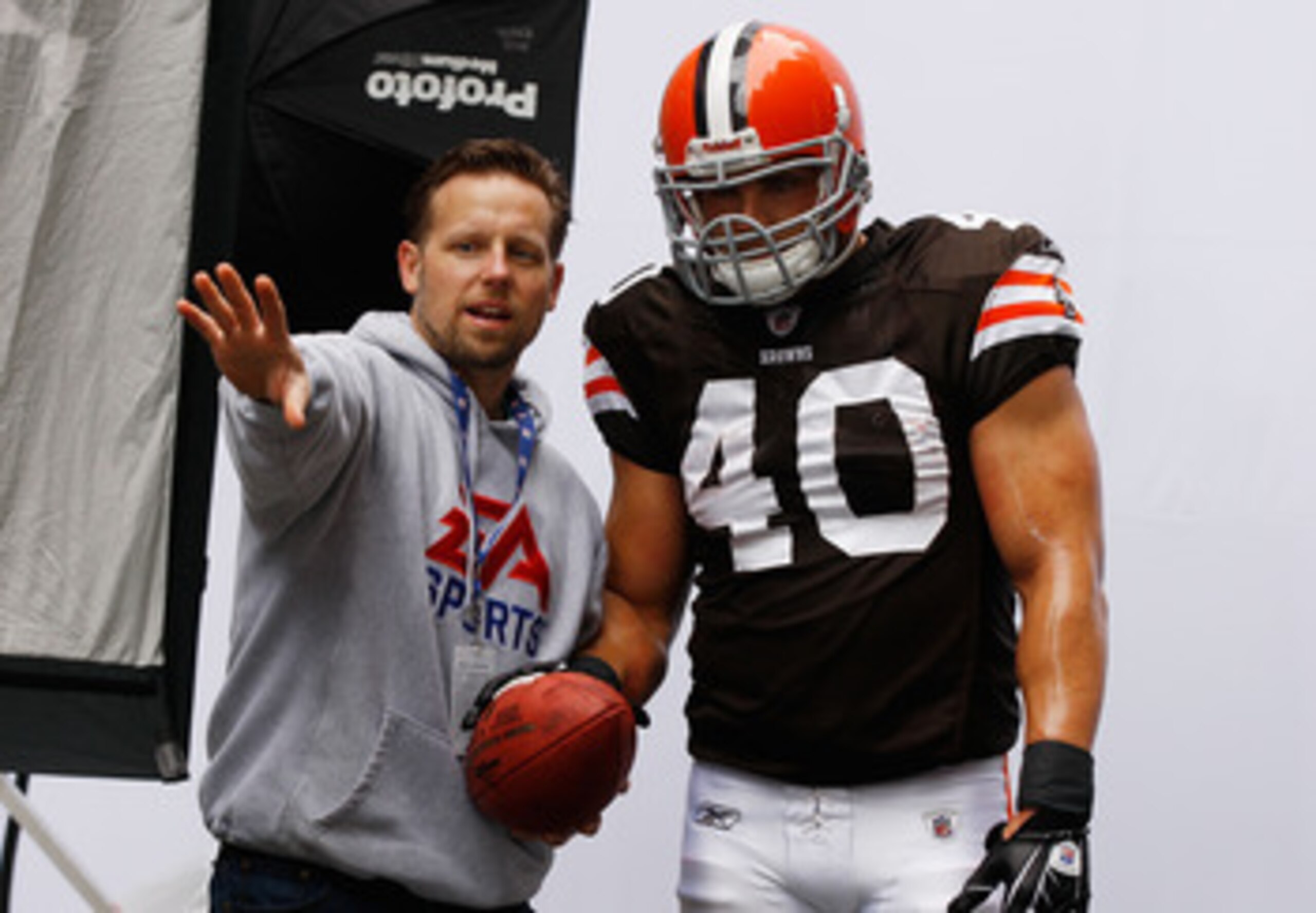 NEW YORK - APRIL 28:  Peyton Hillis #40 of the Cleveland Browns participates in a photo shoot for the cover of EA Sports Madden NFL 12 on April 28, 2011 in Time Square, New York City  (Photo by Mike Stobe/Getty Images for EA Sports)