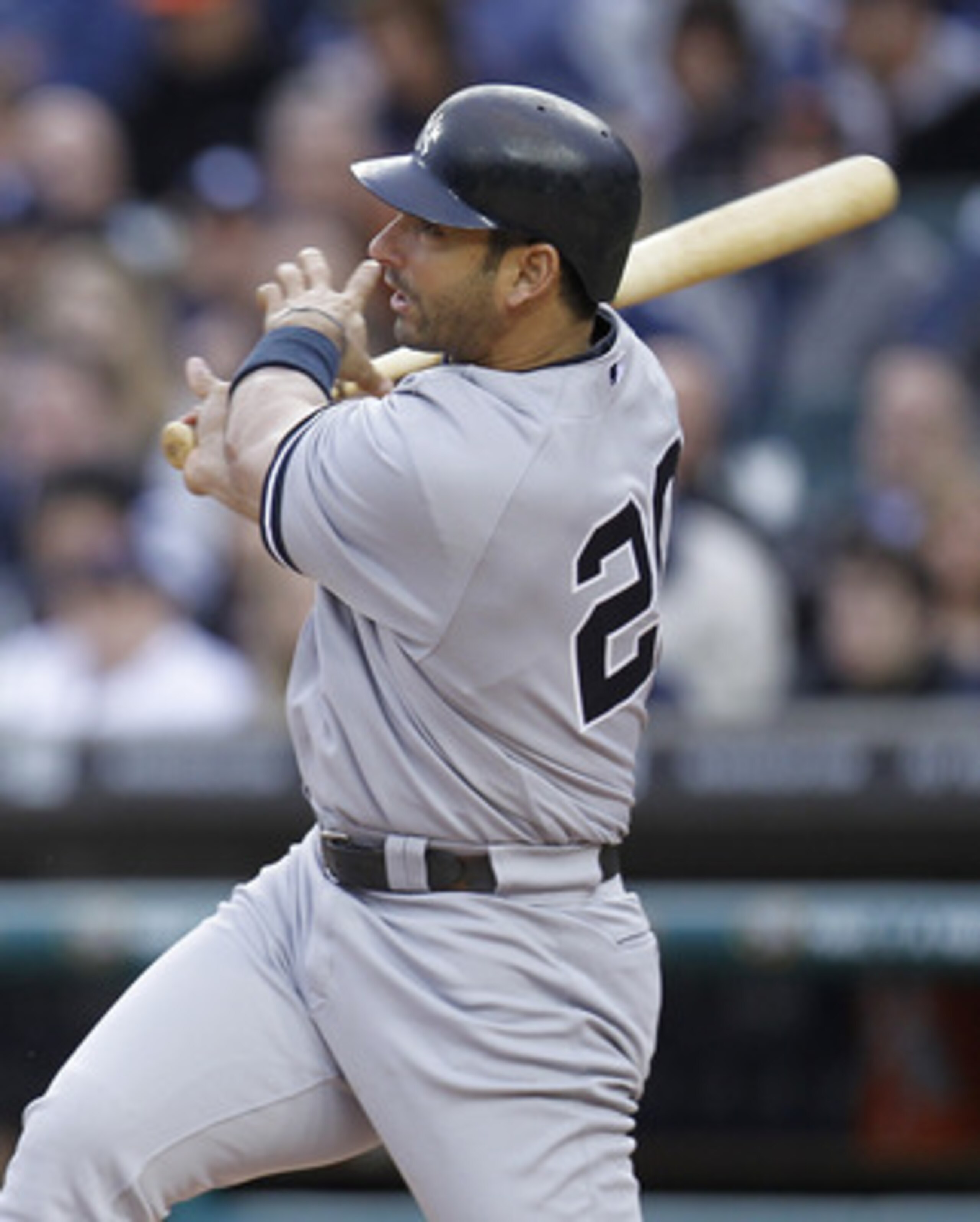 DETROIT, MI - MAY 02: Jorge Posada #20 of the New York Yankees hits a RBI double while playing the Detroit Tigers  at Comerica Park on May 2, 2011 in Detroit, Michigan.  (Photo by Gregory Shamus/Getty Images)