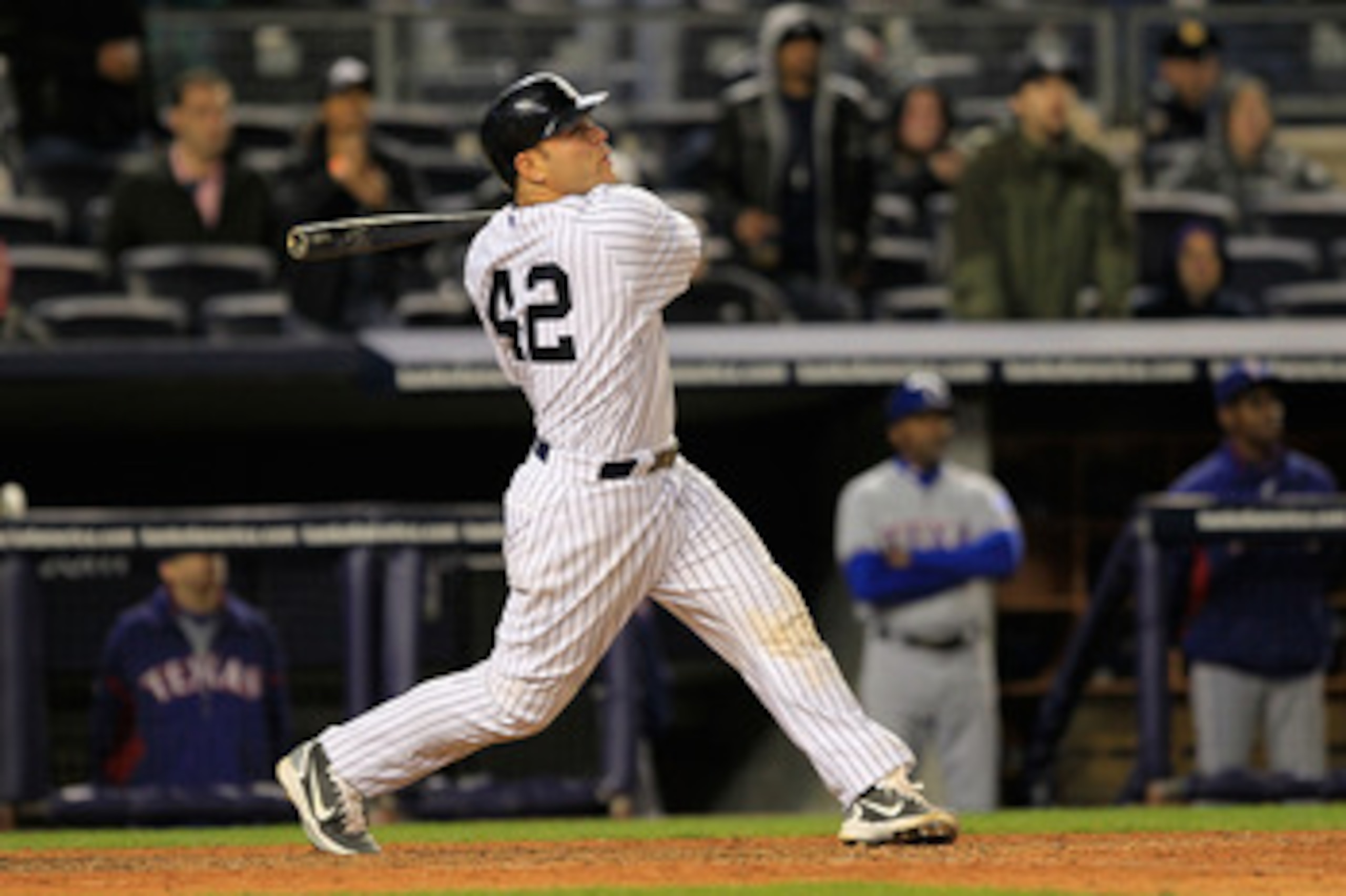 NEW YORK, NY - APRIL 15: Russell Martin of the New York Yankees flies out in the 9th inning for the last at bat against the Texas Rangers at Yankee Stadium on April 15, 2011 in the Bronx borough of New York City. The Rangers defeated the Yankees 5-3. (Pho