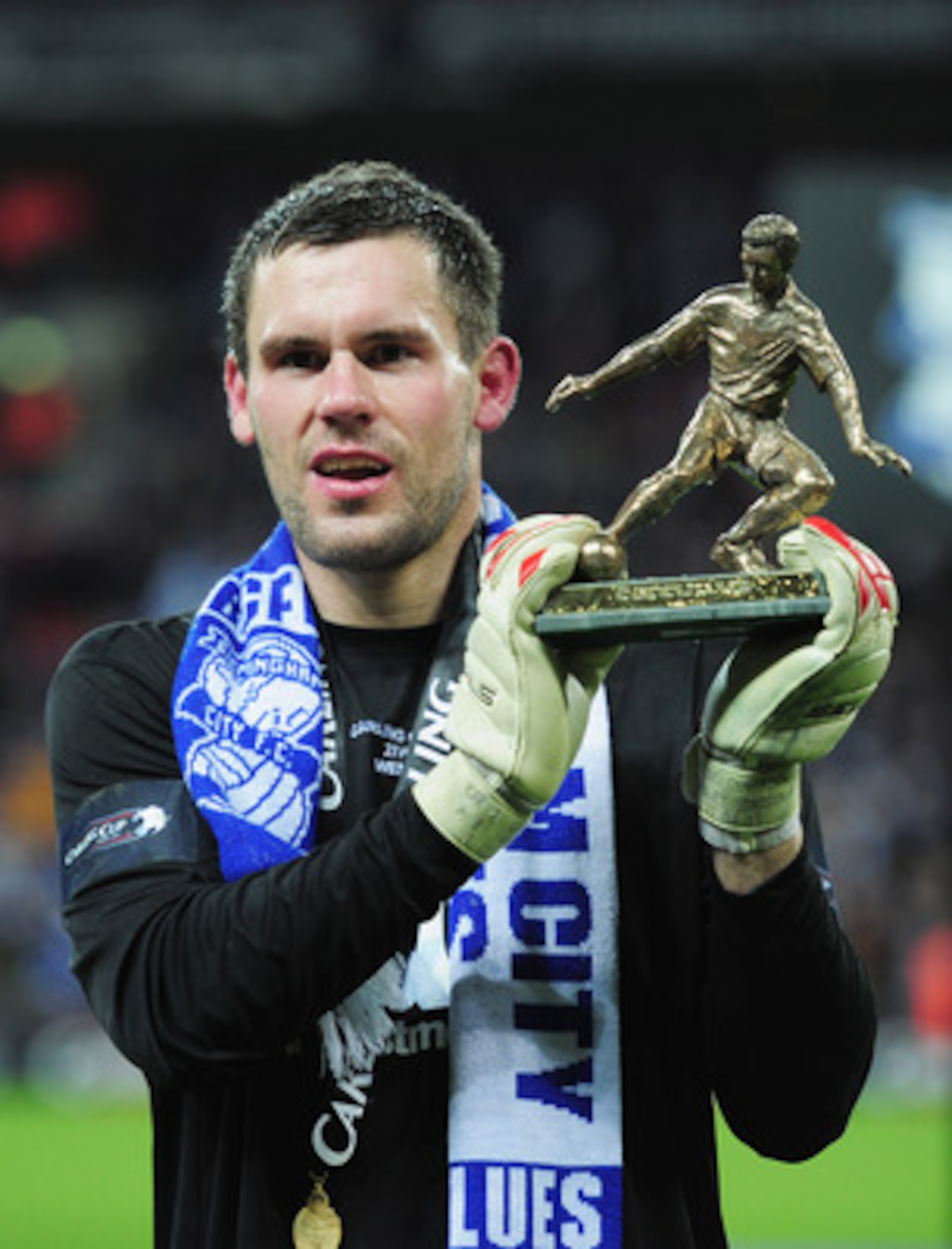 LONDON, ENGLAND - FEBRUARY 27: Man of the Match Ben Foster of Birmingham City poses with his award after the Carling Cup Final between Arsenal and Birmingham City at Wembley Stadium on February 27, 2011 in London, England.  (Photo by Shaun Botterill/Getty