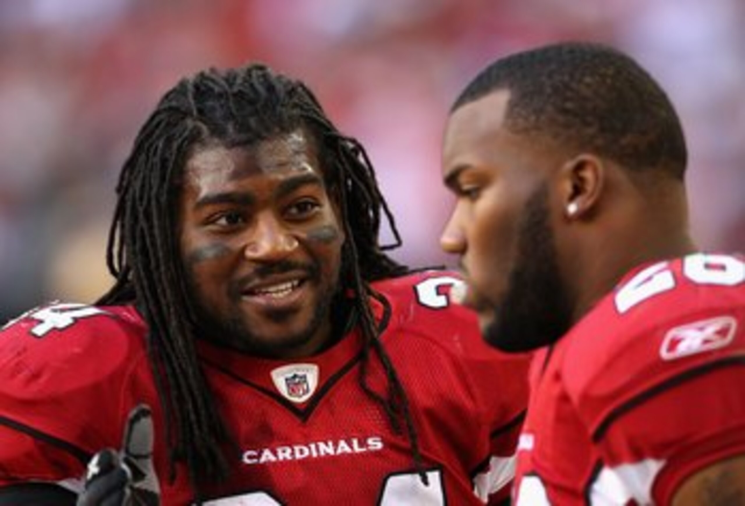 GLENDALE, AZ - DECEMBER 27:  Runningback Tim Hightower #34 of the Arizona Cardinals talks with Beanie Wells #26 during the NFL game against the St. Louis Rams at the Universtity of Phoenix Stadium on December 27, 2009 in Glendale, Arizona. The Cardinals d