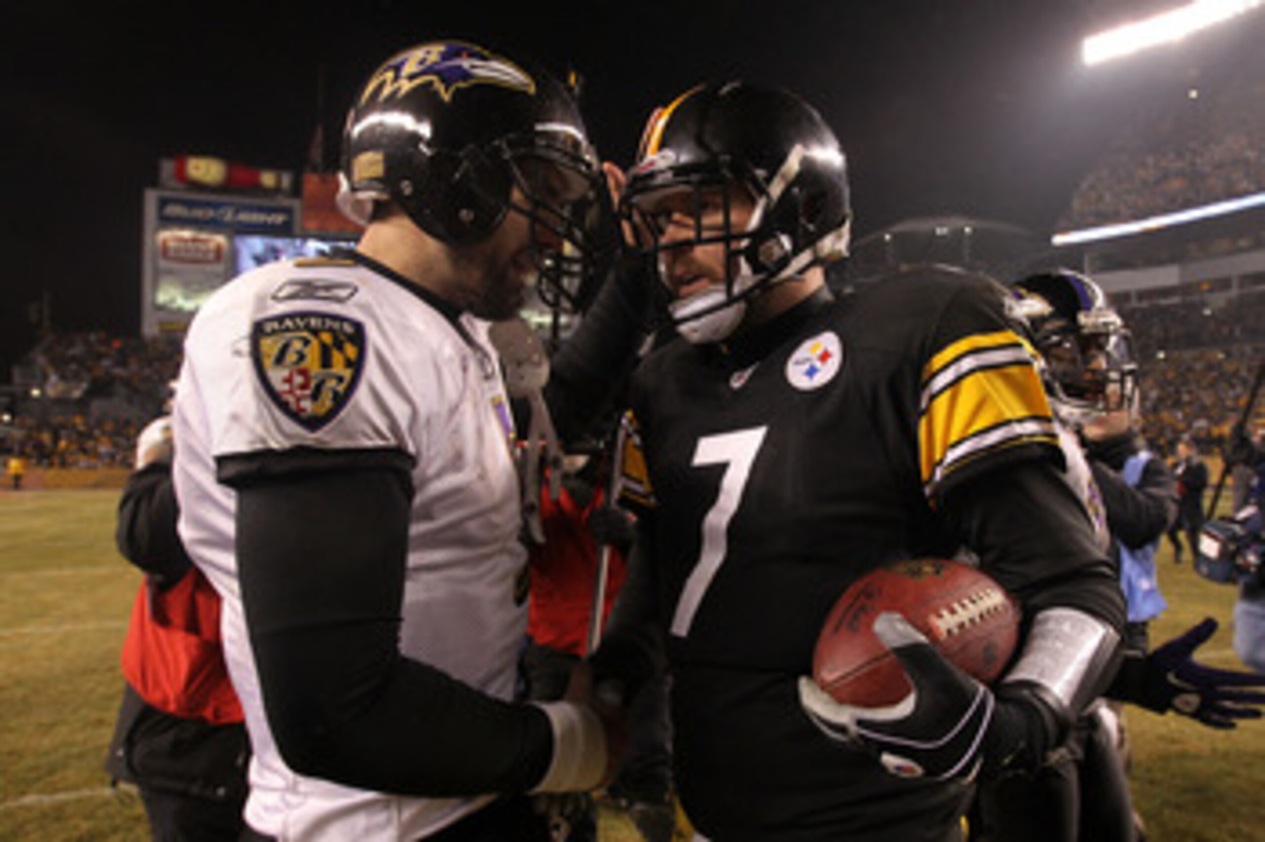 PITTSBURGH, PA - JANUARY 15: Quarterback Ben Roethlisberger #7 of the Pittsburgh Steelers speaks with quarterback Joe Flacco #5 of the Baltimore Ravens following the AFC Divisional Playoff Game at Heinz Field on January 15, 2011 in Pittsburgh, Pennsylvan PITTSBURGH, PA - JANUARY 15: Quarterback Ben Roethlisberger #7 of the Pittsburgh Steelers speaks with quarterback Joe Flacco #5 of the Baltimore Ravens following the AFC Divisional Playoff Game at Heinz Field on January 15, 2011 in Pittsburgh, Pennsylvan