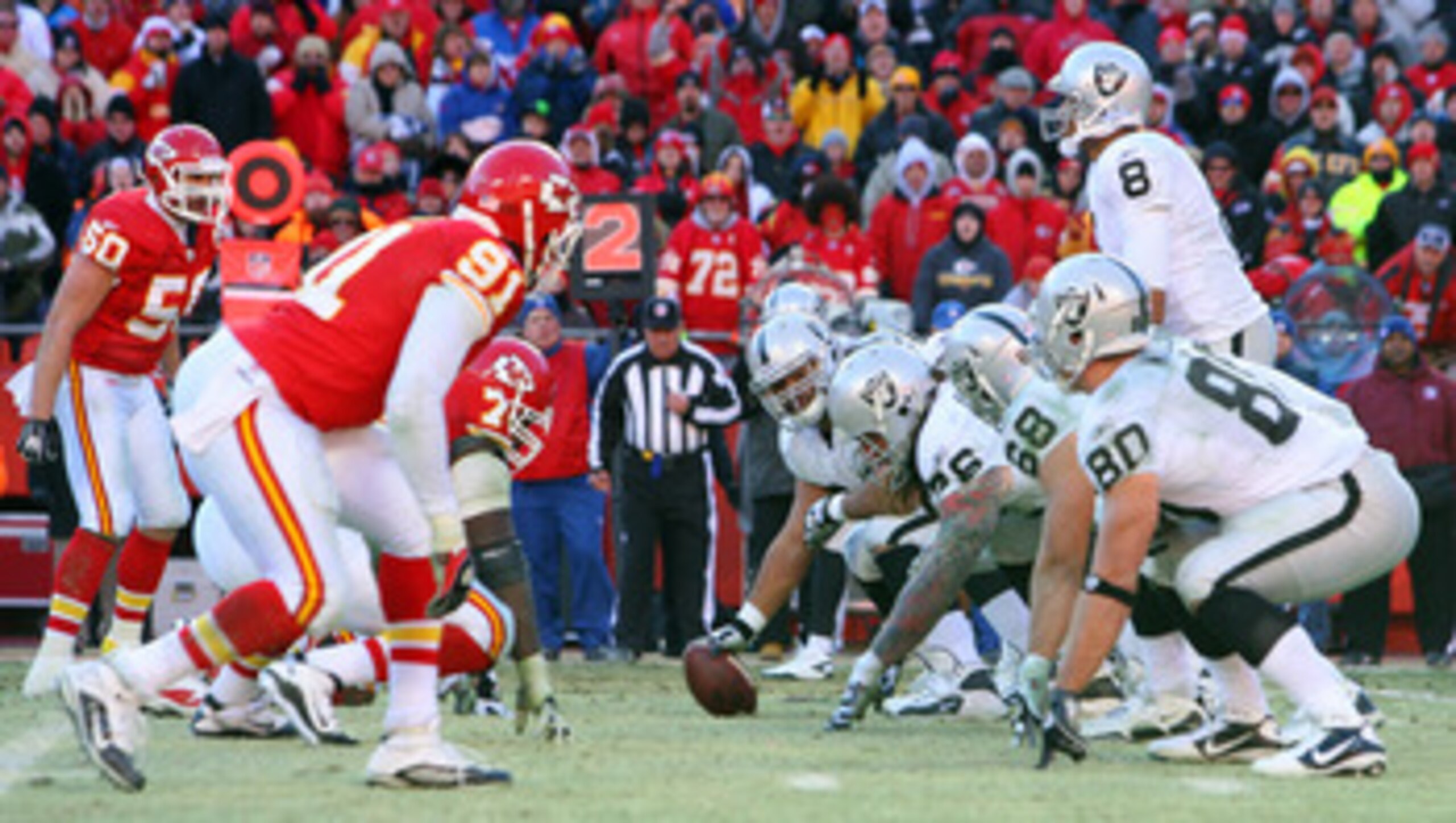 KANSAS CITY, MO - JANUARY 02: The Oakland Raiders offense lines up against the defense of the Kansas City Chiefs at Arrowhead Stadium on January 2, 2011 in Kansas City, Missouri. (Photo by Tim Umphrey/Getty Images) KANSAS CITY, MO - JANUARY 02: The Oakland Raiders offense lines up against the defense of the Kansas City Chiefs at Arrowhead Stadium on January 2, 2011 in Kansas City, Missouri. (Photo by Tim Umphrey/Getty Images)