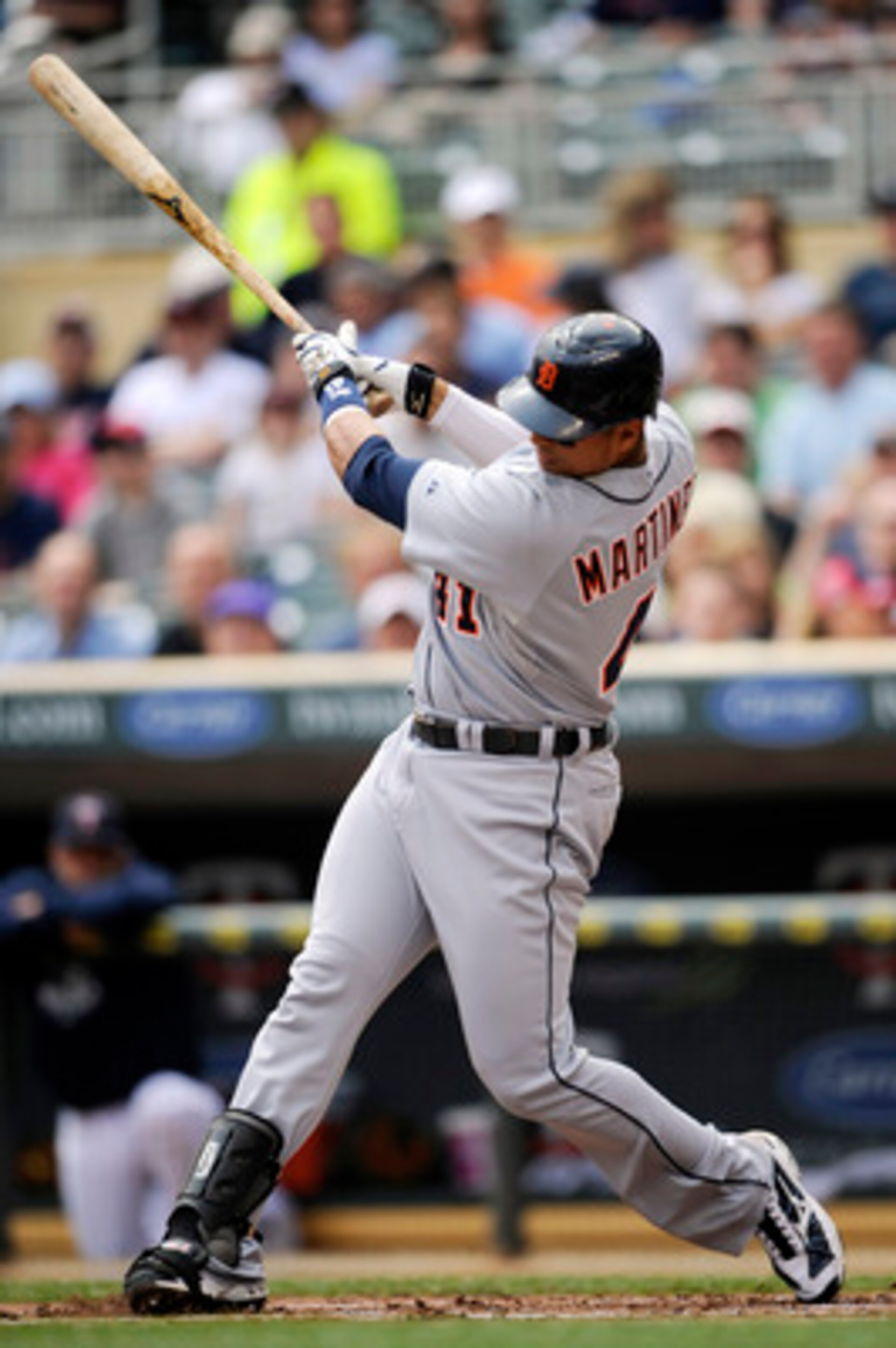 MINNEAPOLIS, MN - MAY 11: Victor Martinez #41 of the Detroit Tigers hits an RBI single against the Minnesota Twins during in the first inning of their game on May 11, 2011 at Target Field in Minneapolis, Minnesota. (Photo by Hannah Foslien/Getty Images)