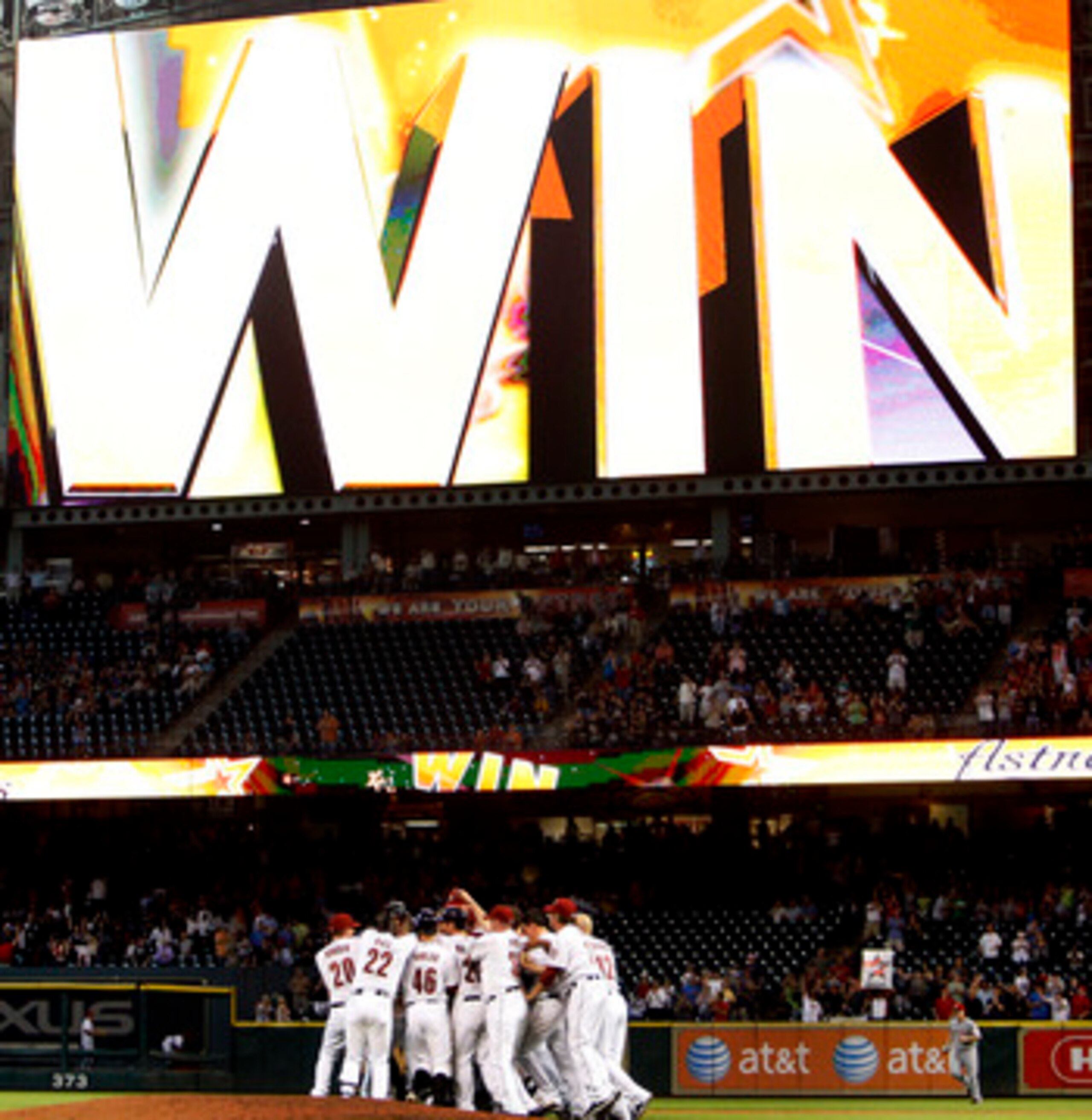 HOUSTON - MAY 11:  The Houston Astros celebrate a 4-3 win over the Cincinnati Reds after a Hunter Pence #9 of the Houston Astros  doubles to left field scoring J.R. Towles from first base at Minute Maid Park on May 11, 2011 in Houston, Texas.  (Photo by B