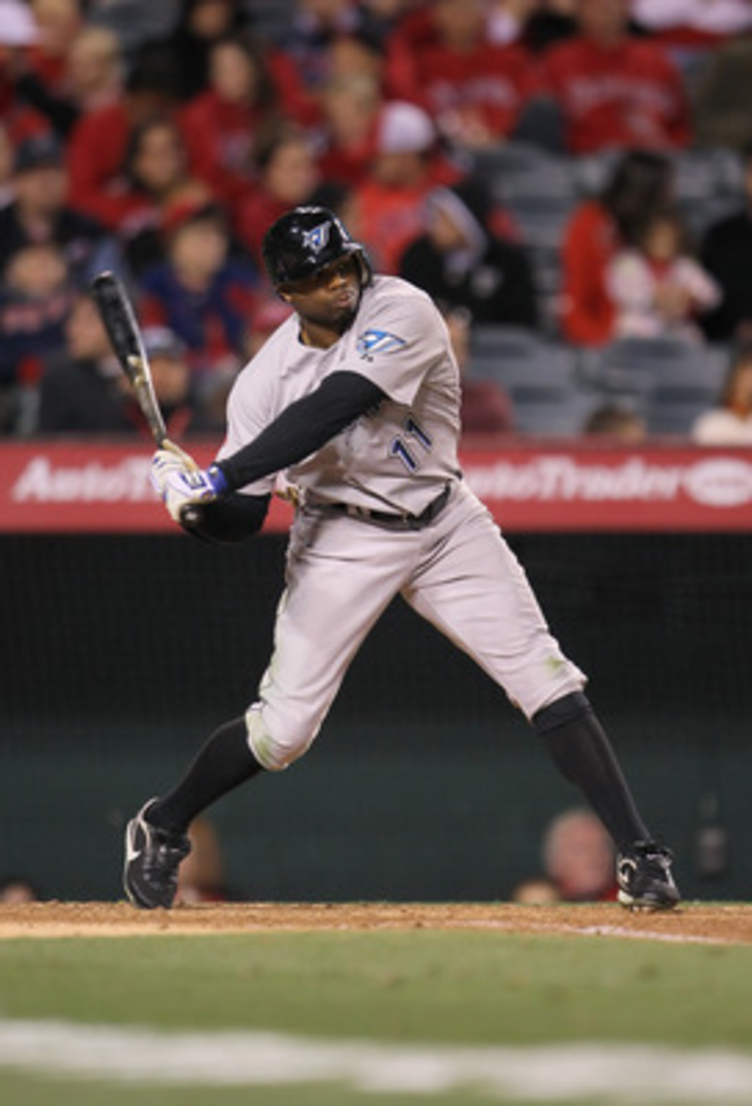 ANAHEIM, CA - APRIL 08:  Rajai Davis #11 of the Toronto Blue Jays bats against the Los Angeles Angels of Anaheim at Angel Stadium of Anaheim on April 8, 2011 in Anaheim, California.  (Photo by Jeff Gross/Getty Images)