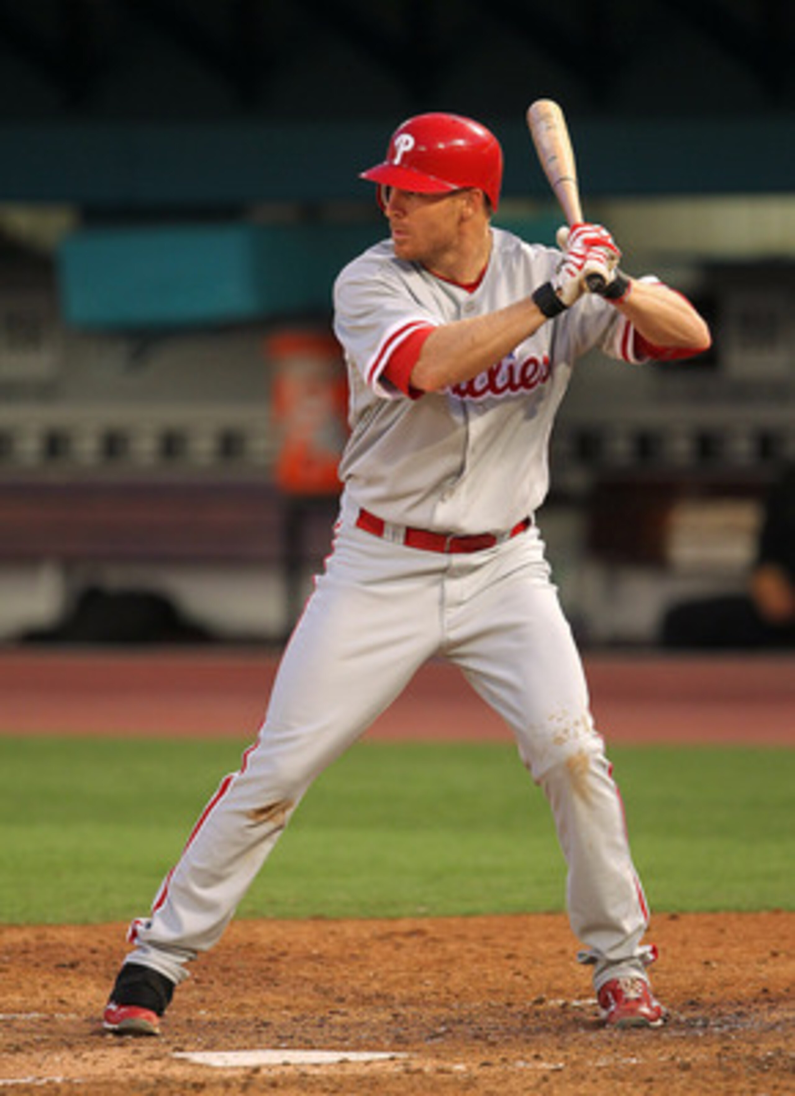 MIAMI GARDENS, FL - MAY 10:  Pete Orr #5 of the Philadelphia Phillies bats during a game against the Florida Marlins at Sun Life Stadium on May 10, 2011 in Miami Gardens, Florida.  (Photo by Mike Ehrmann/Getty Images)