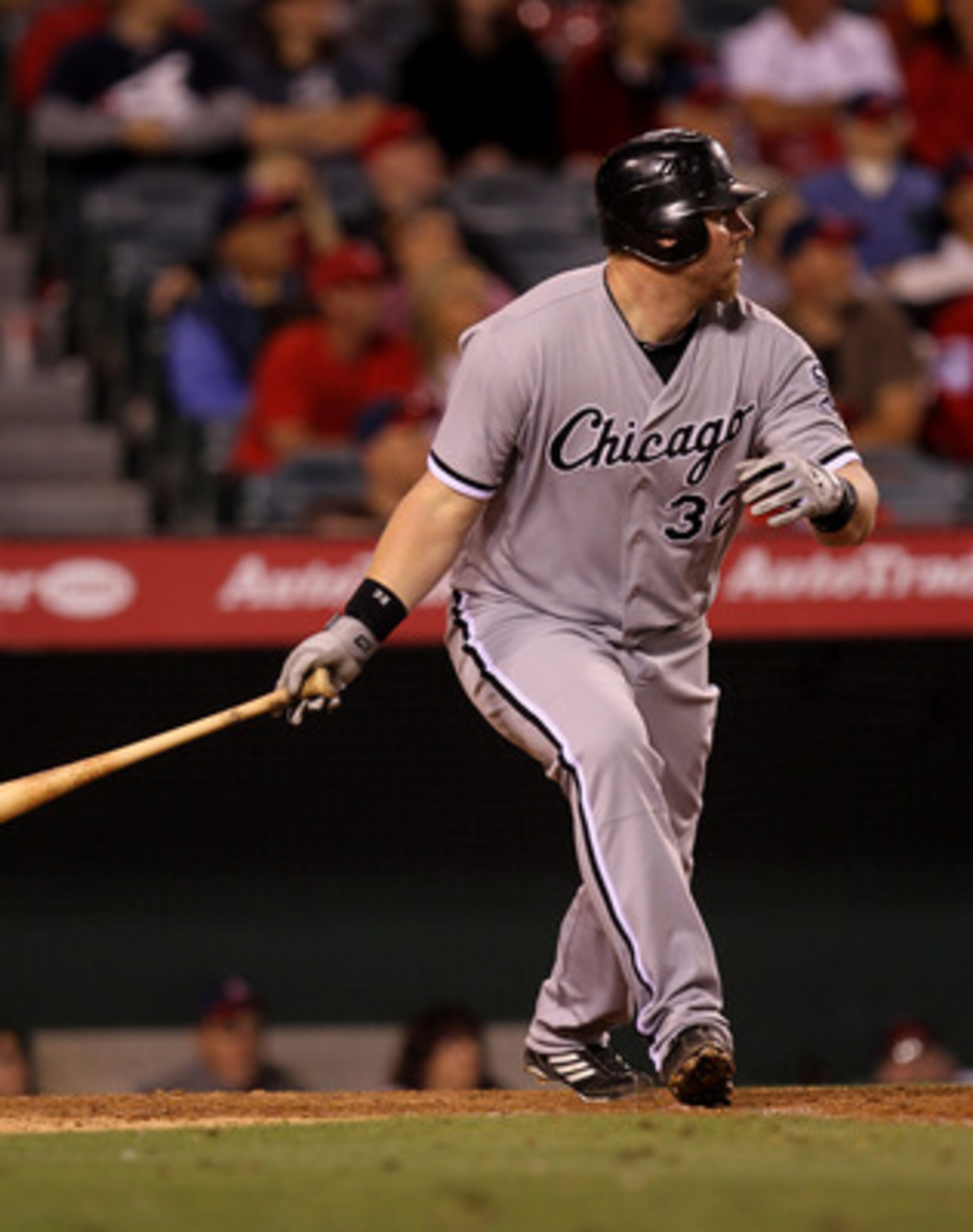 ANAHEIM, CA - MAY 11: Adam Dunn #32 of the Chicago White Sox hits a double in the tenth inning against the Los Angeles Angels of Anaheim on May 11, 2011 at Angel Stadium in Anaheim, California.  The White Sox won 6-4 in ten innings.  (Photo by Stephen Dun
