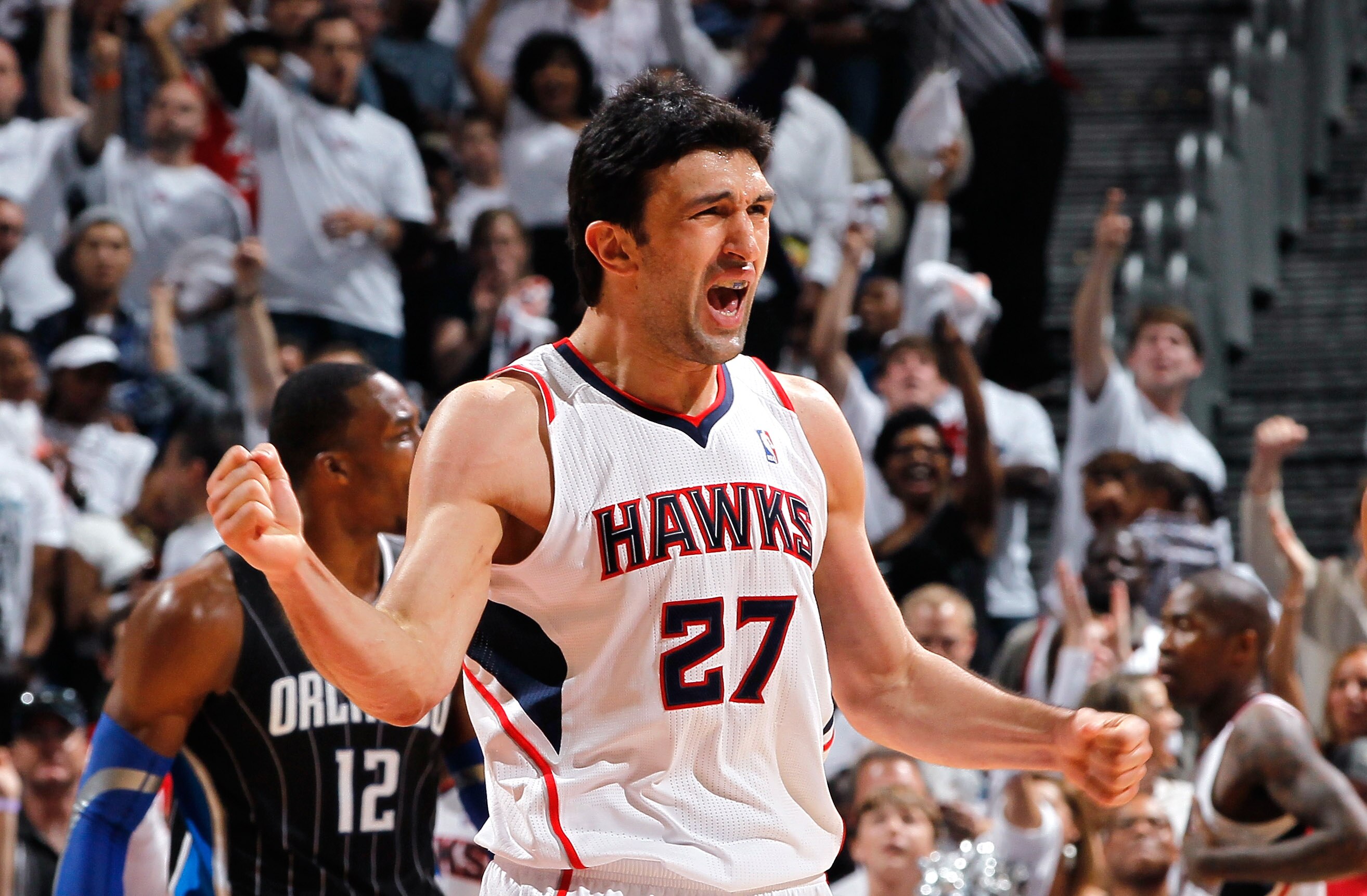 ATLANTA, GA - APRIL 28:  Zaza Pachulia #27 of the Atlanta Hawks reacts after a basket against the Orlando Magic due to a turnover he forced during Game Six of the Eastern Conference Quarterfinals in the 2011 NBA Playoffs at Philips Arena on April 28, 2011