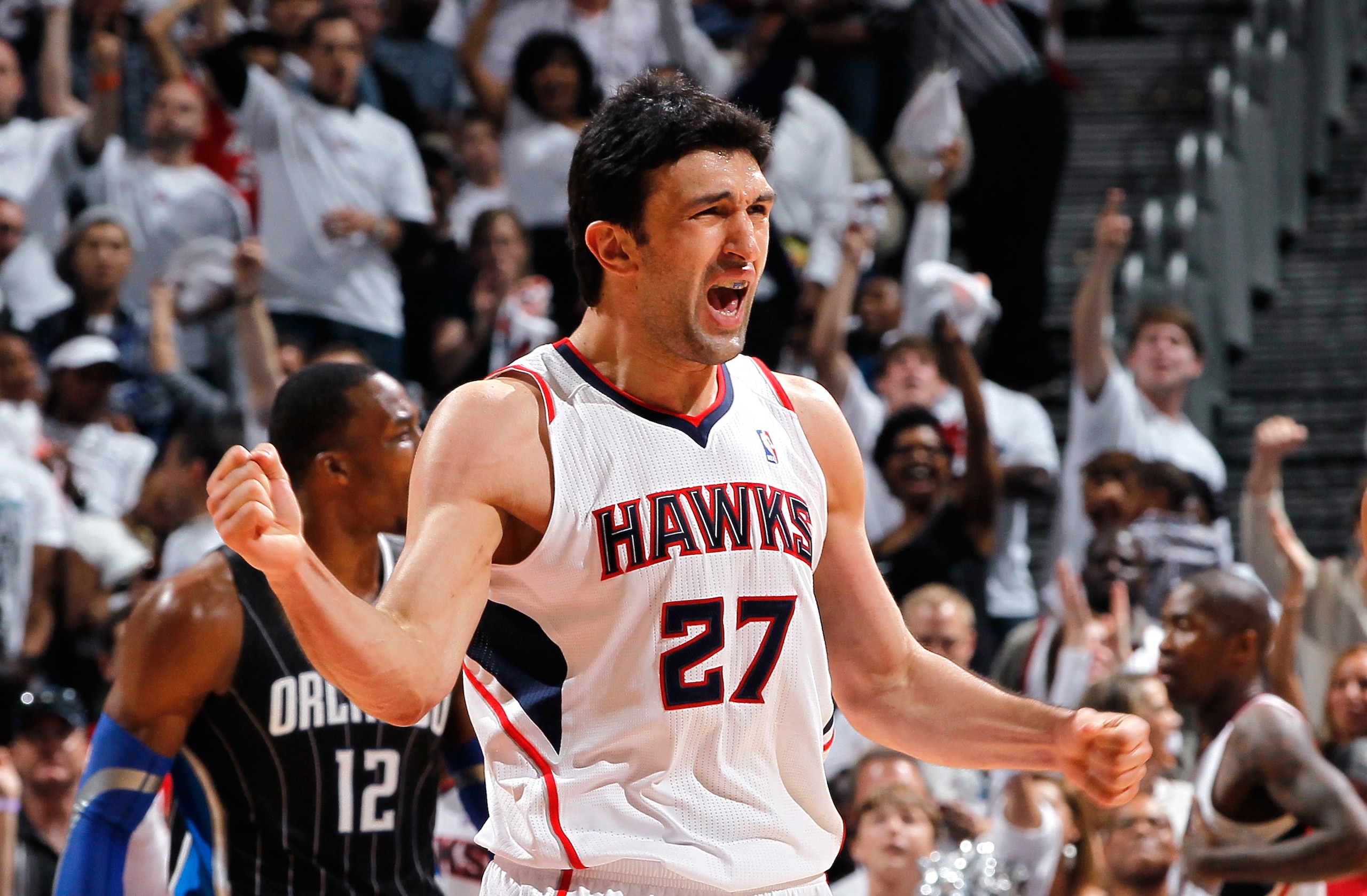 ATLANTA, GA - APRIL 28:  Zaza Pachulia #27 of the Atlanta Hawks reacts after a basket against the Orlando Magic due to a turnover he forced during Game Six of the Eastern Conference Quarterfinals in the 2011 NBA Playoffs at Philips Arena on April 28, 2011