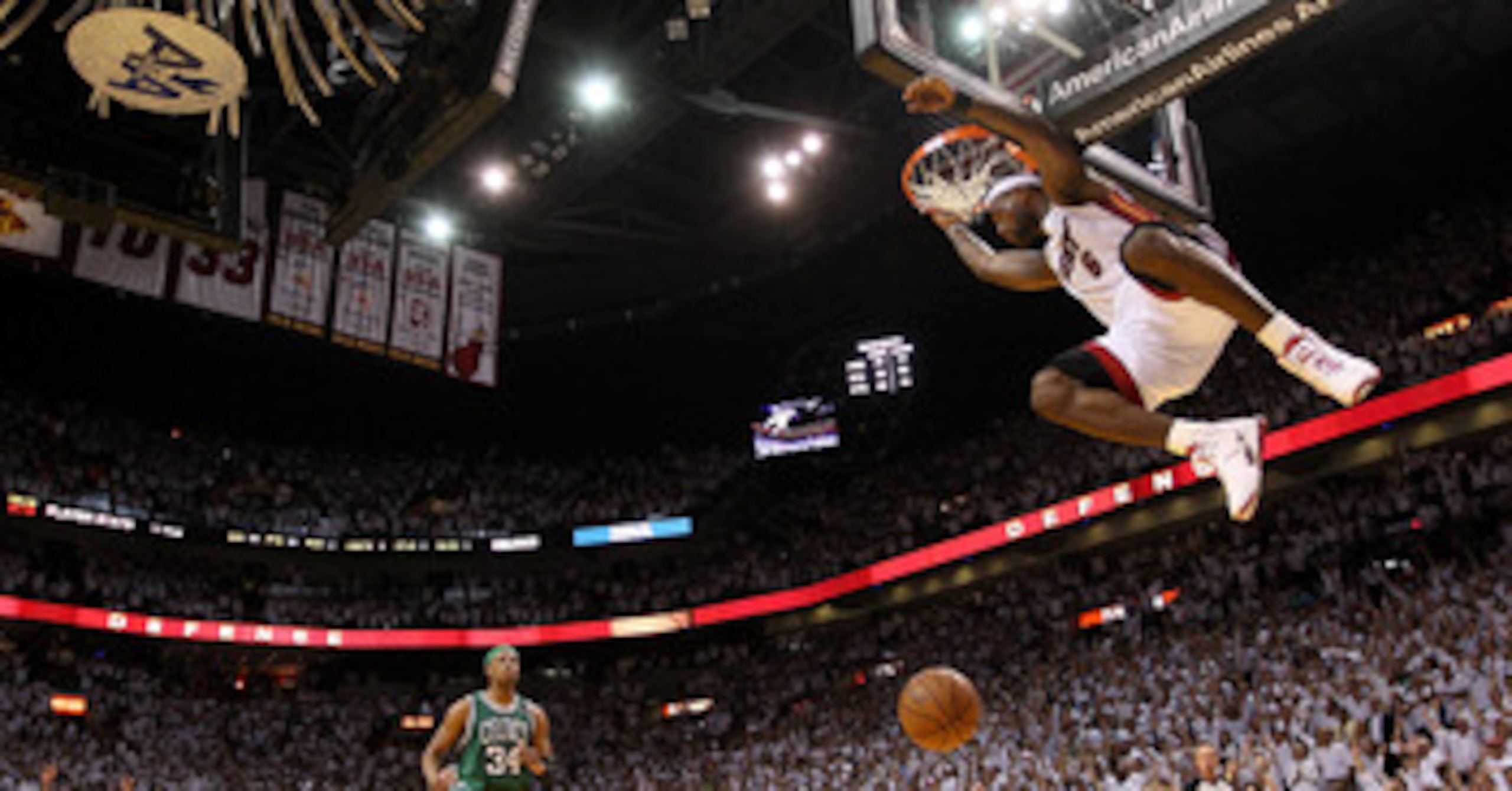 MIAMI, FL - MAY 11: LeBron James #6 of the Miami Heat makes a late 4th quarter dunk during Game Five of the Eastern Conference Semifinals of the 2011 NBA Playoffs against the Boston Celtics at American Airlines Arena on May 11, 2011 in Miami, Florida. NO MIAMI, FL - MAY 11: LeBron James #6 of the Miami Heat makes a late 4th quarter dunk during Game Five of the Eastern Conference Semifinals of the 2011 NBA Playoffs against the Boston Celtics at American Airlines Arena on May 11, 2011 in Miami, Florida. NO