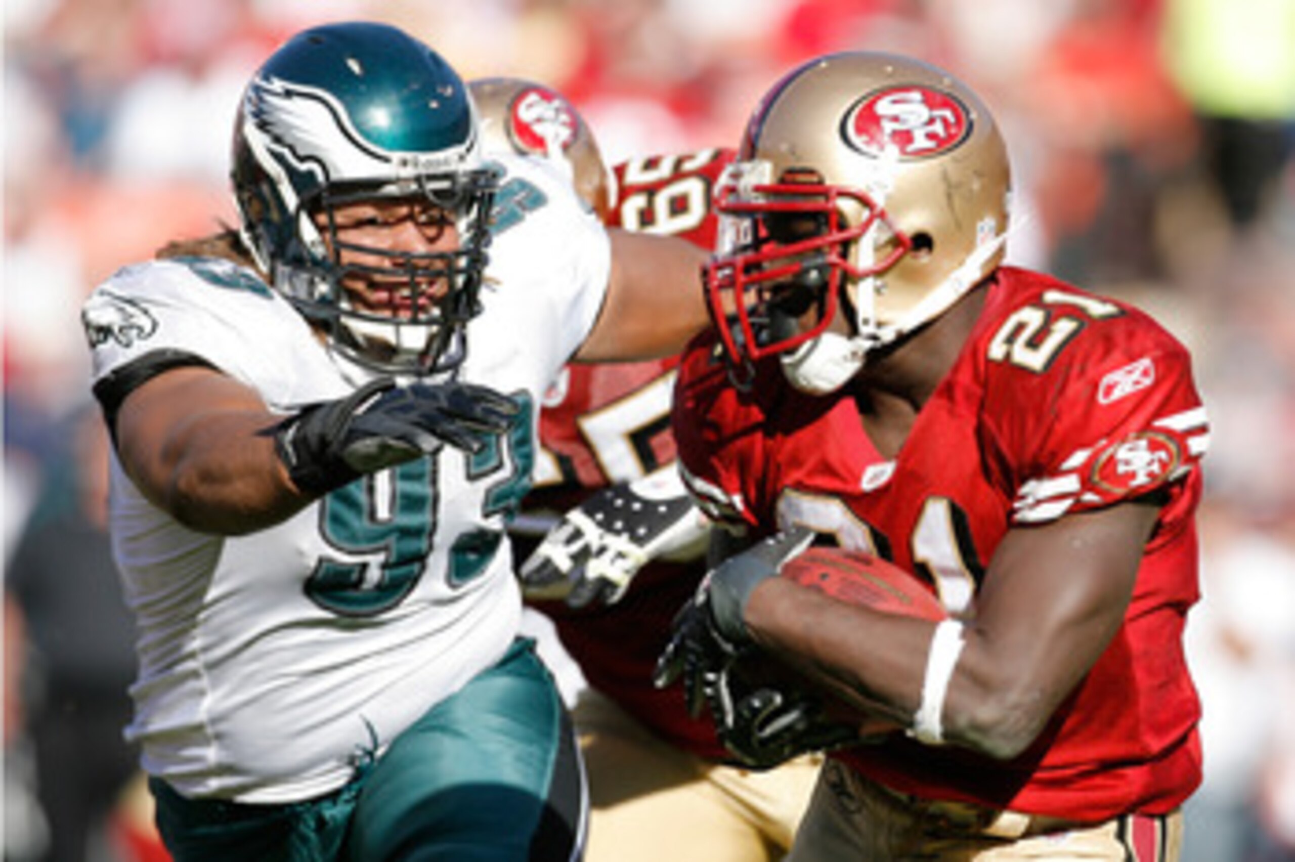 SAN FRANCISCO - OCTOBER 12:  Defensive lineman Trevor Laws #93 of the Philadelphia Eagles chases down running back Frank Gore #21 of the San Francisco 49ers during their game on October 12, 2008 at Candlestick Park in San Francisco, California. Philadelph