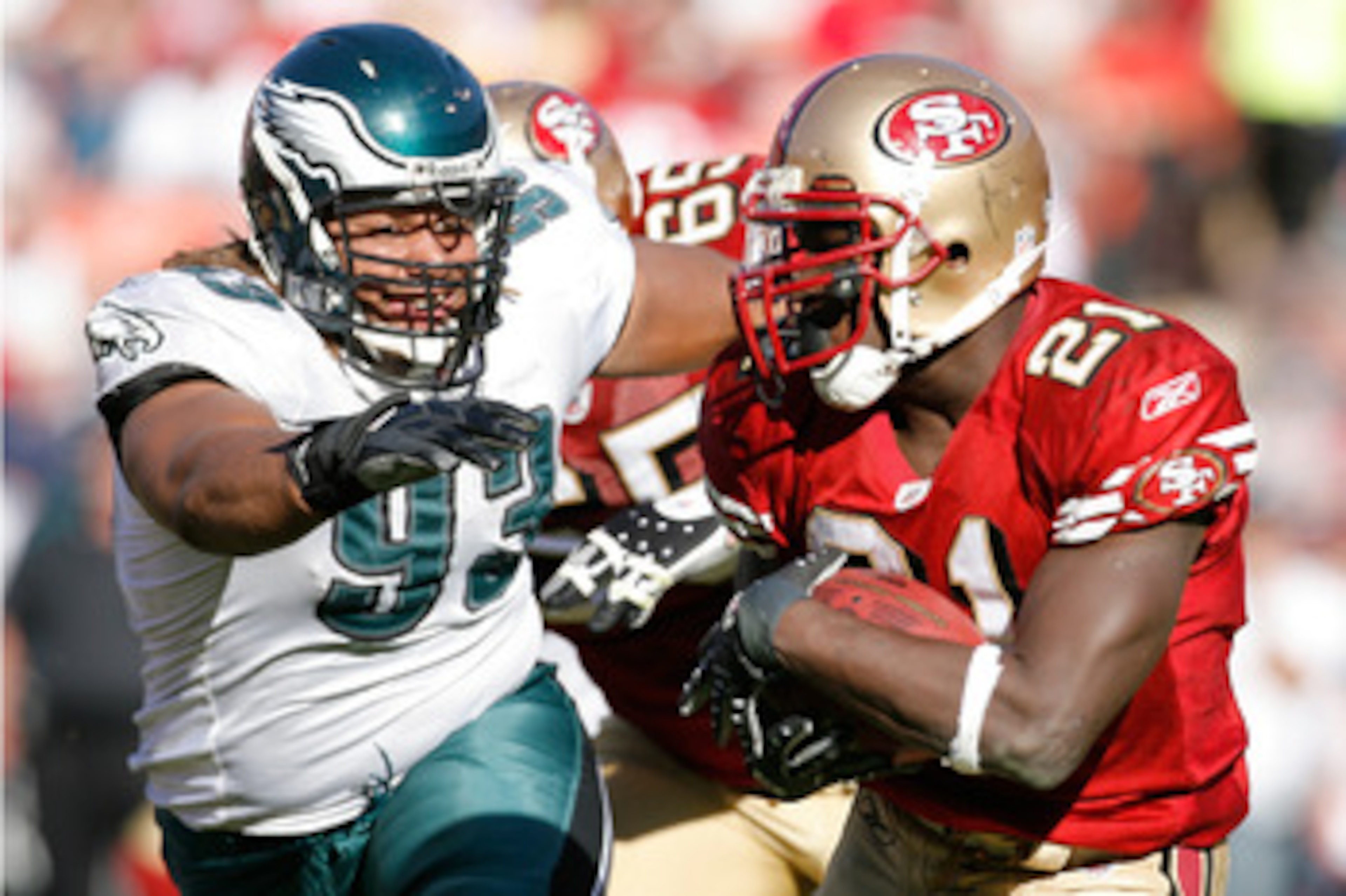 SAN FRANCISCO - OCTOBER 12:  Defensive lineman Trevor Laws #93 of the Philadelphia Eagles chases down running back Frank Gore #21 of the San Francisco 49ers during their game on October 12, 2008 at Candlestick Park in San Francisco, California. Philadelph