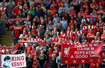 LIVERPOOL, ENGLAND - MAY 01:   Liverpool fans on the Kop display banners in support of their manager Kenny Dalglish the Barclays Premier League match between Liverpool  and Newcastle United at Anfield on May 1, 2011 in Liverpool, England.  (Photo by Clive