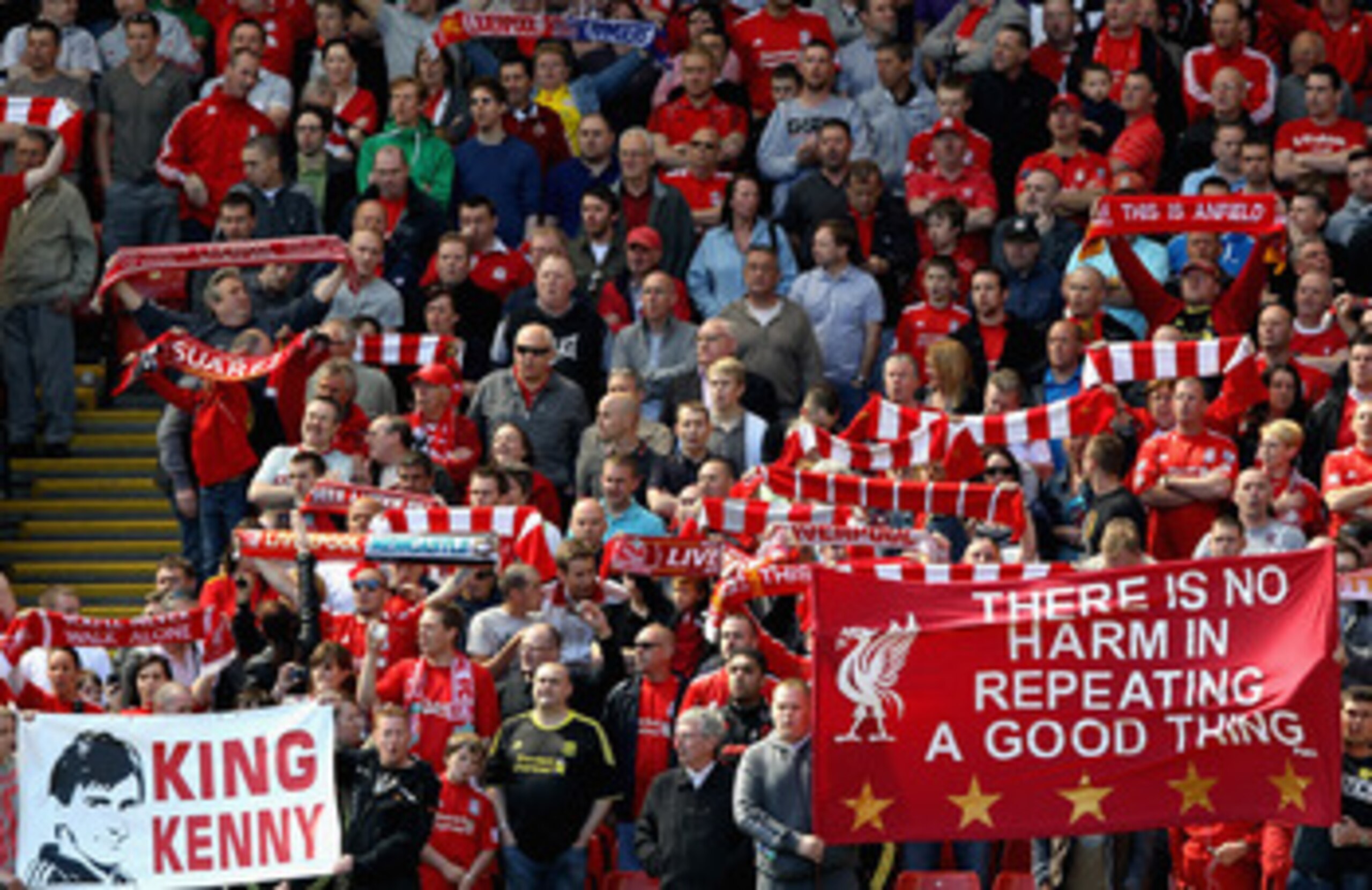 LIVERPOOL, ENGLAND - MAY 01: Liverpool fans on the Kop display banners in support of their manager Kenny Dalglish the Barclays Premier League match between Liverpool and Newcastle United at Anfield on May 1, 2011 in Liverpool, England. (Photo by Clive LIVERPOOL, ENGLAND - MAY 01: Liverpool fans on the Kop display banners in support of their manager Kenny Dalglish the Barclays Premier League match between Liverpool and Newcastle United at Anfield on May 1, 2011 in Liverpool, England. (Photo by Clive